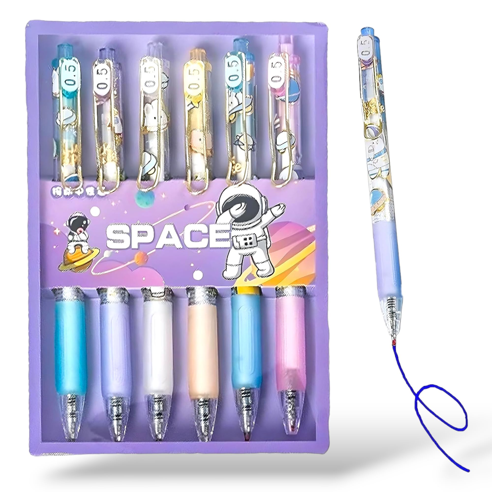 SAMVARDHAN Plastic Retractable Gel Pen Set For Boys & Girls, Smooth Pens for Writing Class Notes & Journal, School Stationery Gift Item for Kids, Black Ink (Set of 6) (Space)