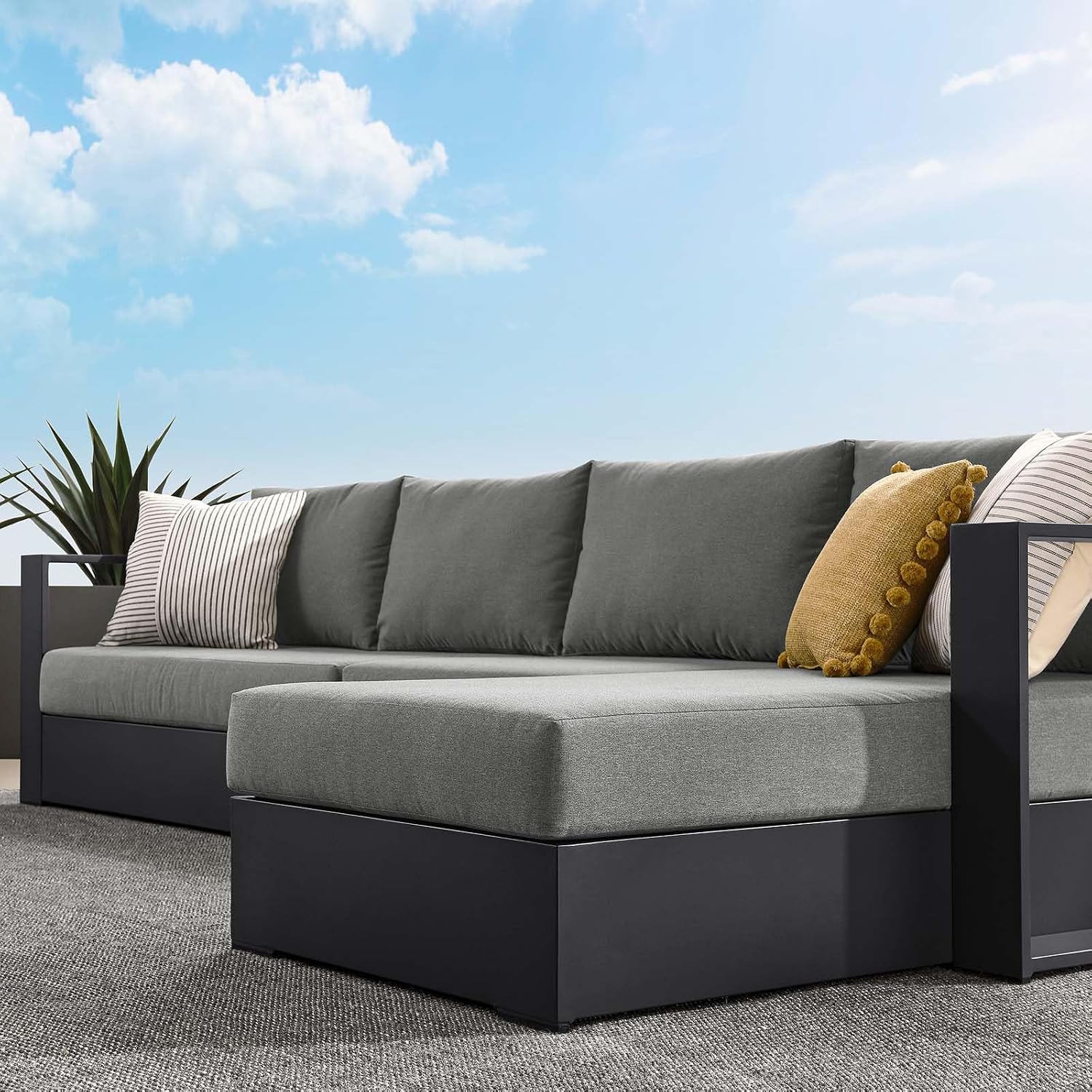 Modway Tahoe Modular Aluminum 3-Piece Outdoor Patio Furniture Gray Charcoal, Right-Facing Sectional Sofa Set with Weather-Resistant Cushions, Ideal for Deck, Backyard, Poolside