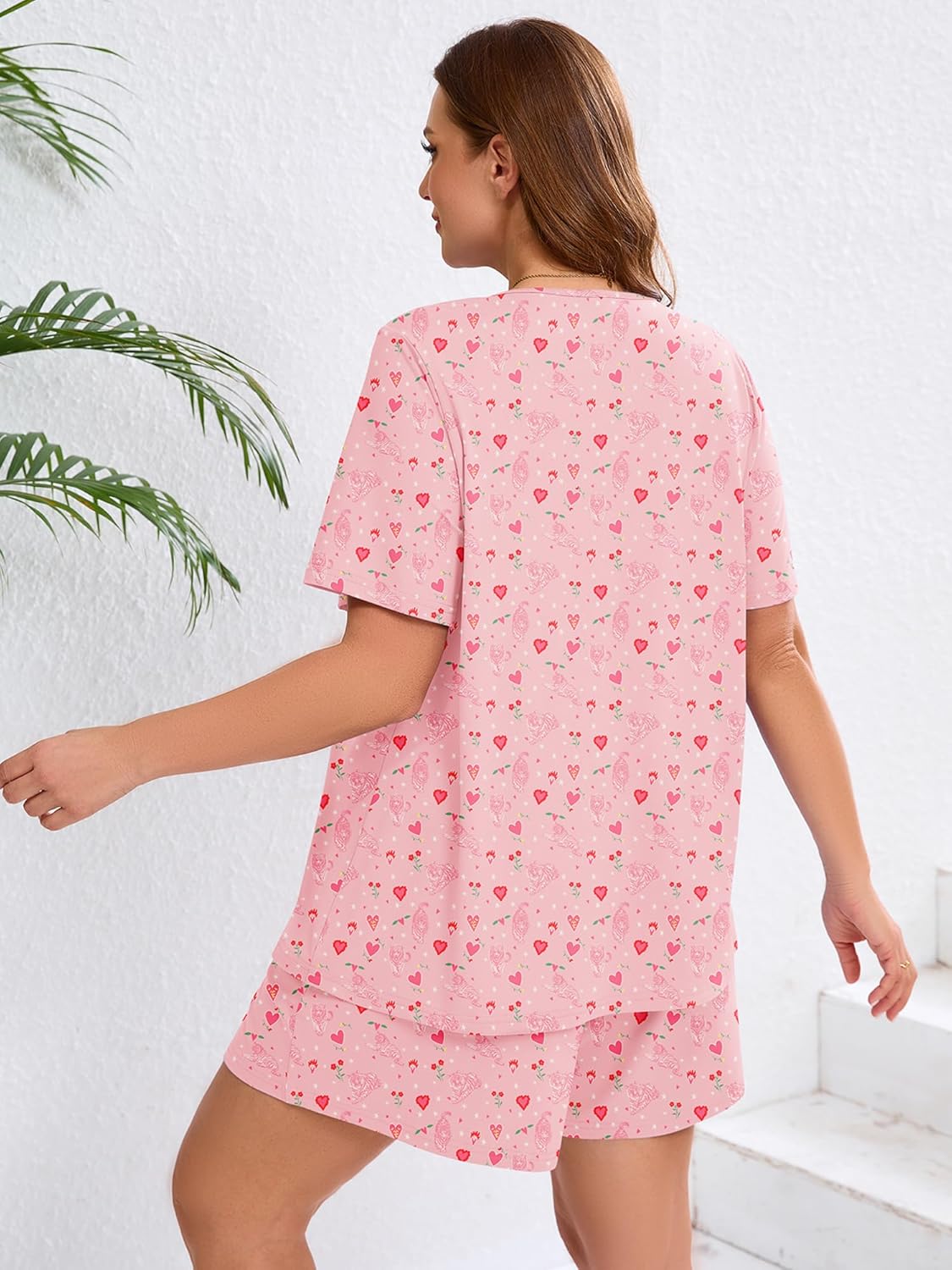 AusLook Women's Plus Size Pajama Sets Short Sleeve Top and Shorts Sleepwear Pj Set 2 Piece Lounge Set with Pockets - Image 3