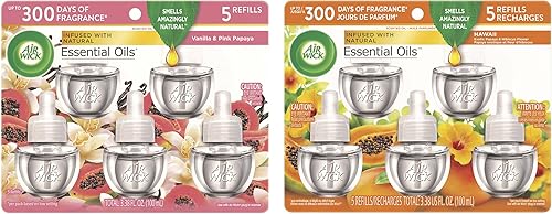 Air Wick 5 repuestos de aceite perfumado enchufable, vainilla y papaya rosa, (5 x 0.67 oz), aceites esenciales, ambientador con aceite perfumado