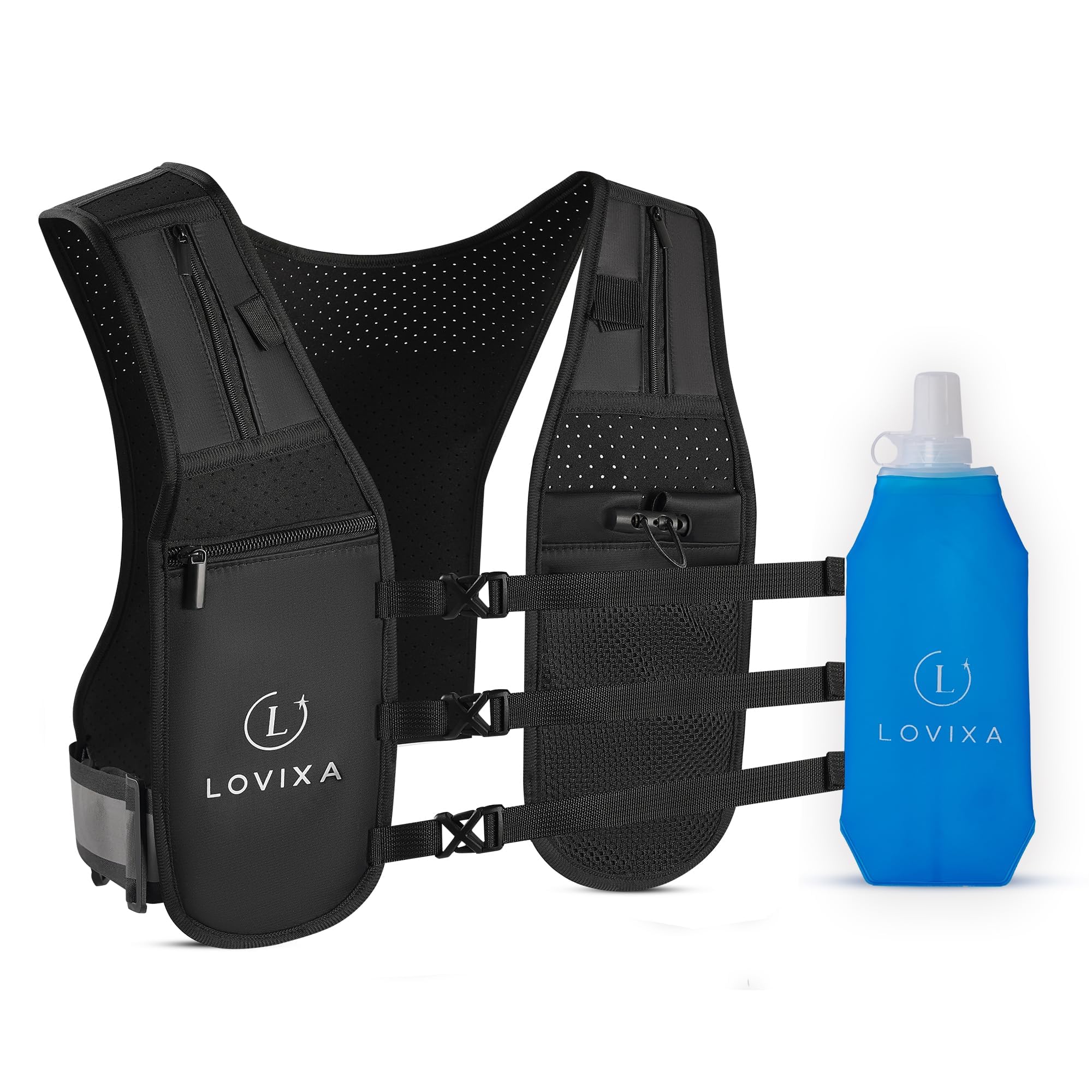 LOVIXA Running Vest with Water Bottles, 5ml Hydration Vest, 6 Pockets, 16” x 39” Lightweight Nylon Reflective Phone Holder for Men Women
