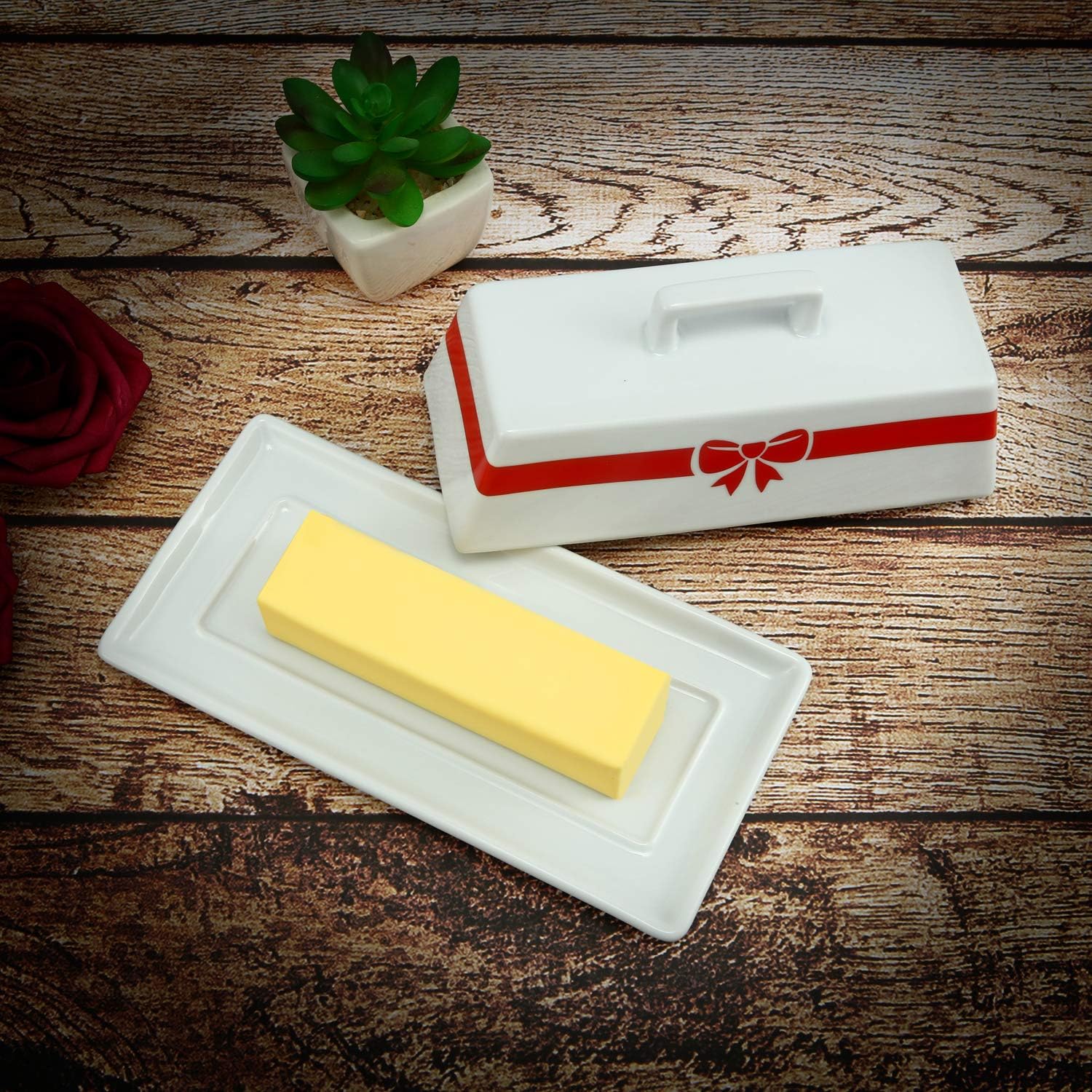 Connyam Ceramic Butter Dish with Handle on Lid, Dishwasher Safe