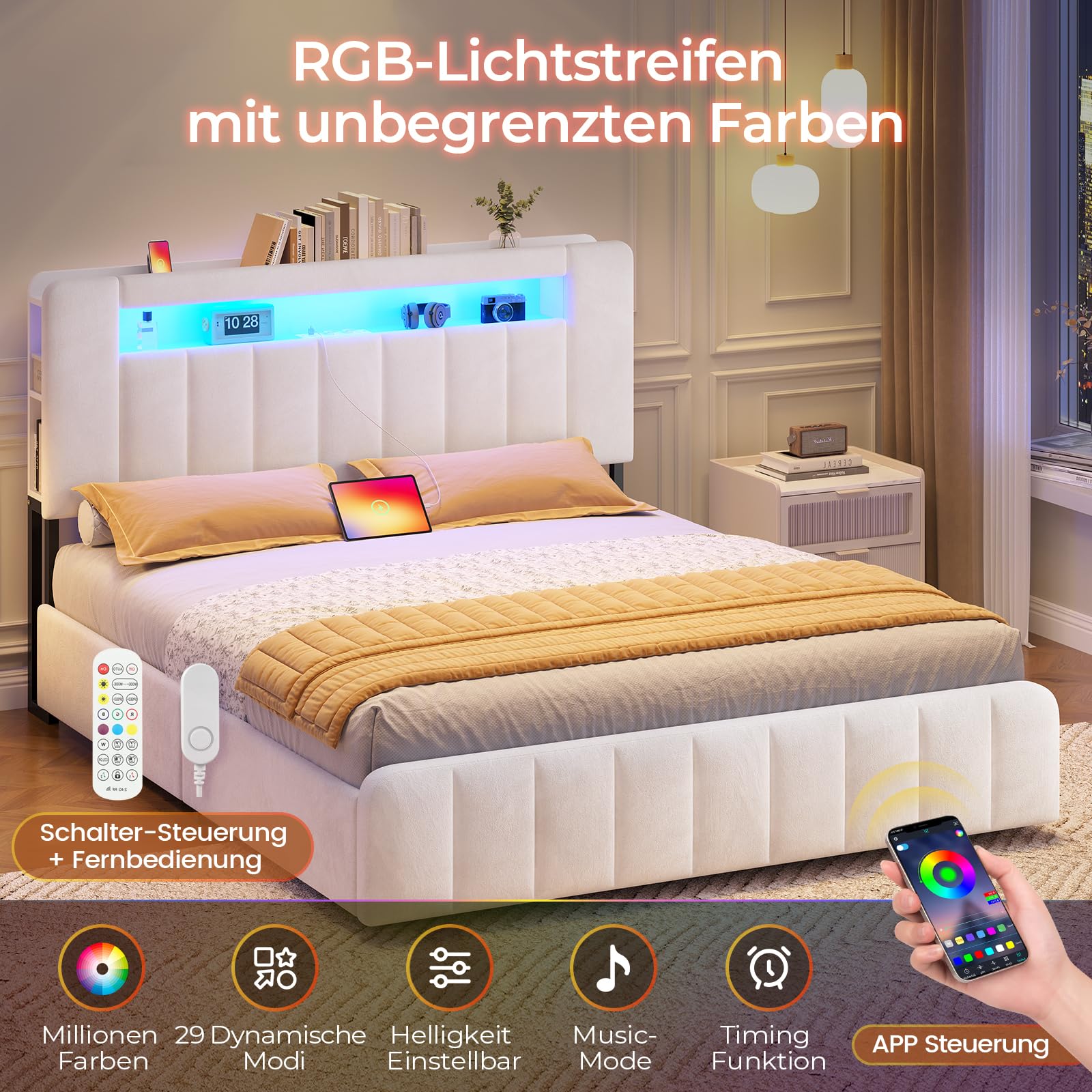 AOGLLATI Polsterbett 140x200 cm mit Stauraum - 4 Schubladen Jugendbett mit LED-Beleuchtung & Ladestation,Doppelbett mit Kopfteil aus Samt Bett 140x200 mit Lattenrost-ohne Matratze,Beige Samt