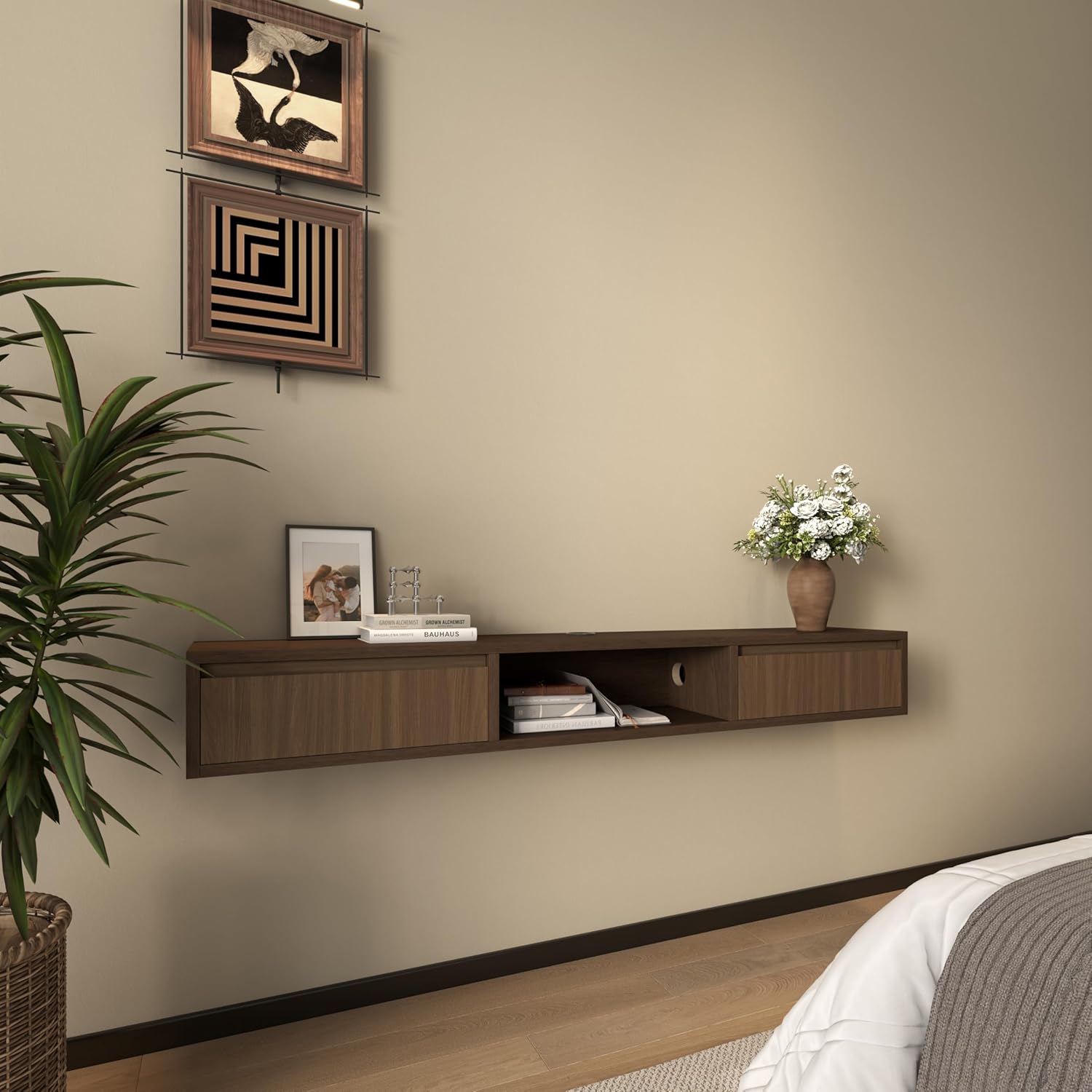 47 in Floating TV Stand Floating Tv Console for Tvs Up to 32/65 Inch Entertainment Center for Wall with 2 Flip-Down Cabinet Doors for Bedroom Living Room,Walnut+Natrural 47 IN Walnut+natrural