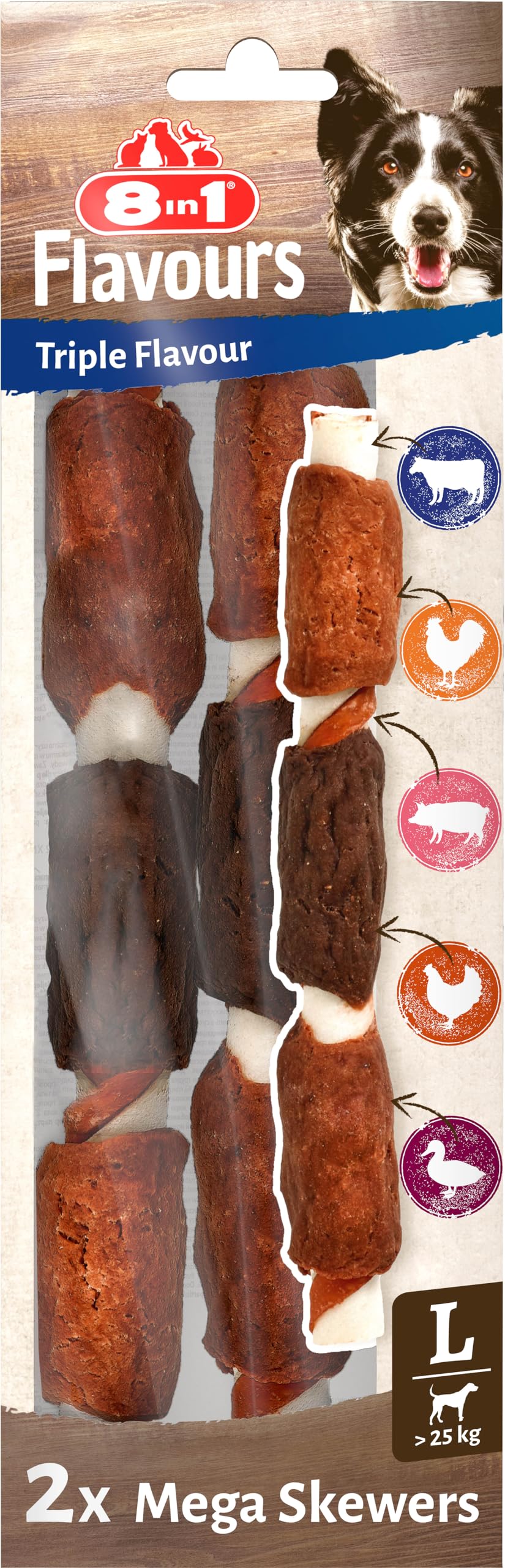 8in1 Triple Flavour Mega Skewers große Kaustangen für Hunde - Kausnacks mit extra viel Fleisch, 160g Beutel (2 Stück)