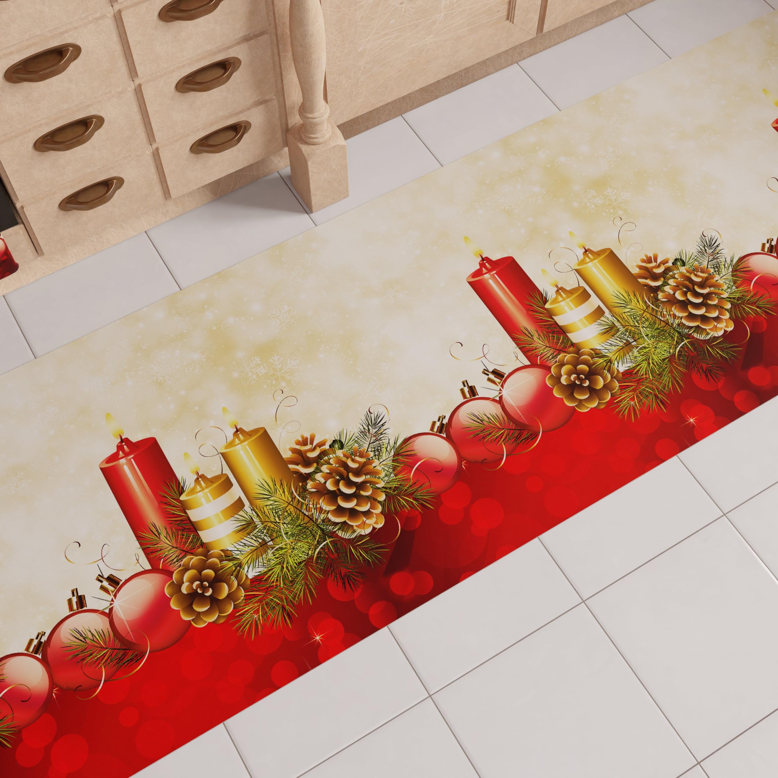 PETTI ARTIGIANI ITALIANI - Alfombra de Cocina Navideña, Pasillo para Cocina de Navidad, Antideslizante y Lavable para Cocina, Alfombra Navideña 52x440 cm Velas, Made in Italy