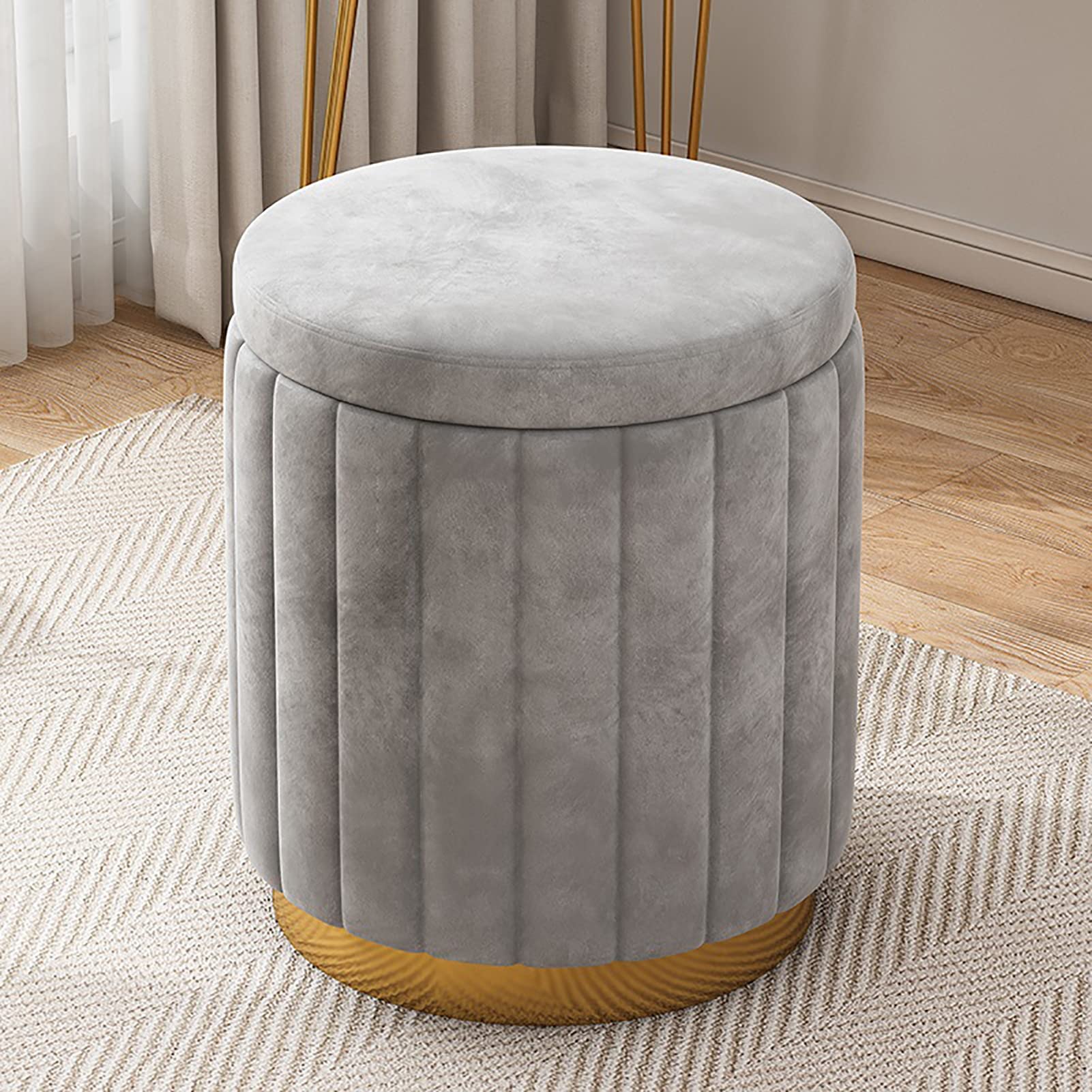 Round Velvet Storage Ottoman, Upholstered Soft Foot Rest Stool with Gold Base, Large Capacity Vanity Stool Chair for Living Room Bedroom,Grey