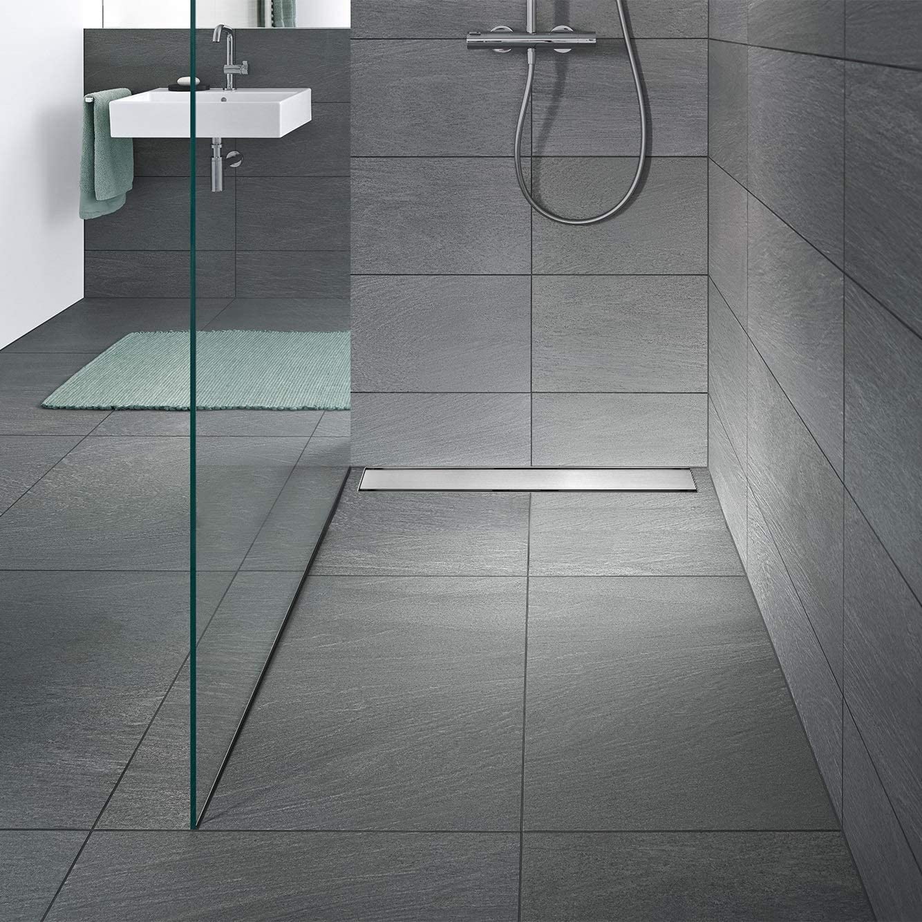 Canaleta de Ducha Rectangular de Acero Inoxidable Ultra Plana Medida 110cm - Modelo R1 Desagüe de Borde plateado