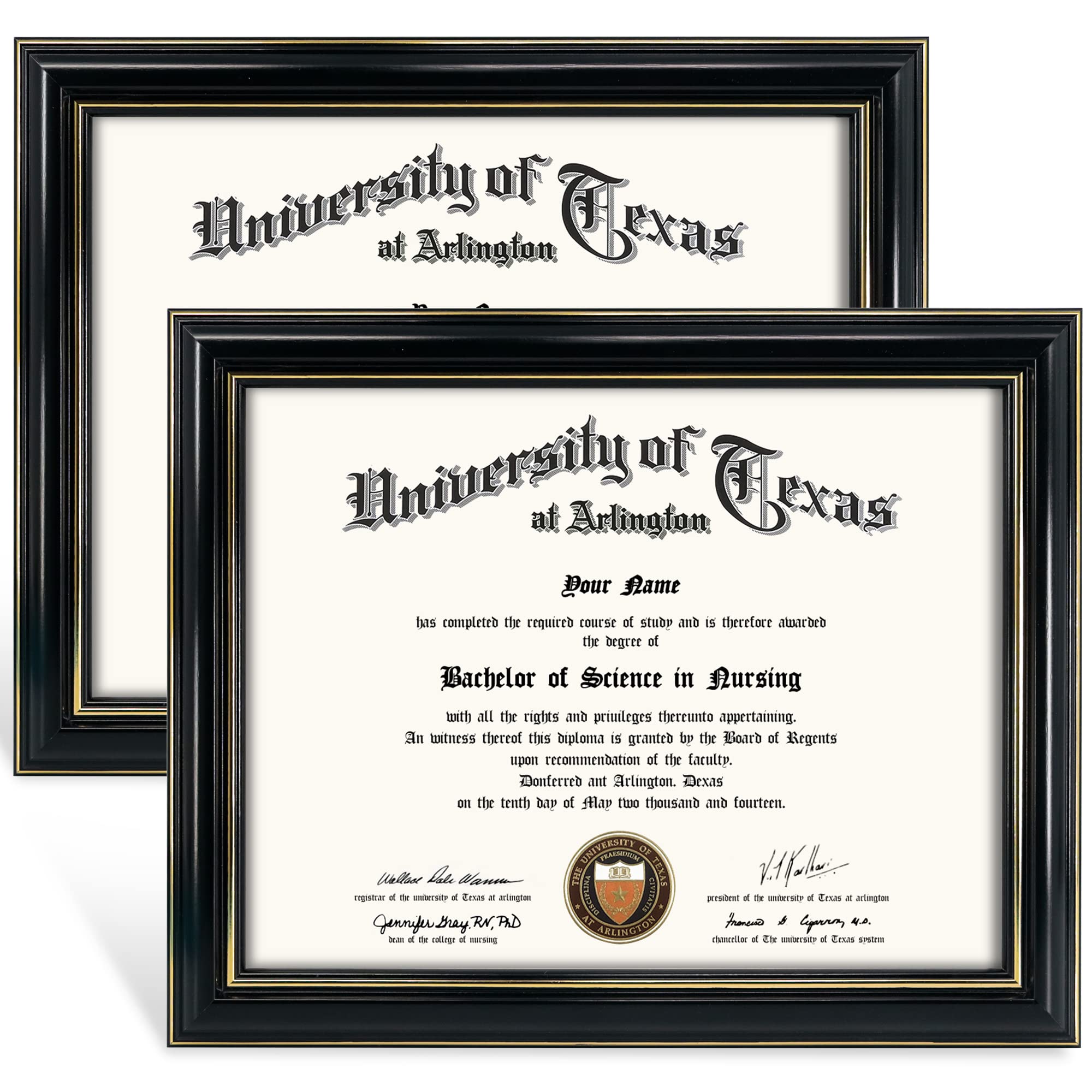 GraduationMall 8.5x11 Certificate Diploma Frame,Solid Wood & UV Protection Acrylic,Black Finish with Gold Trim,2 Pack