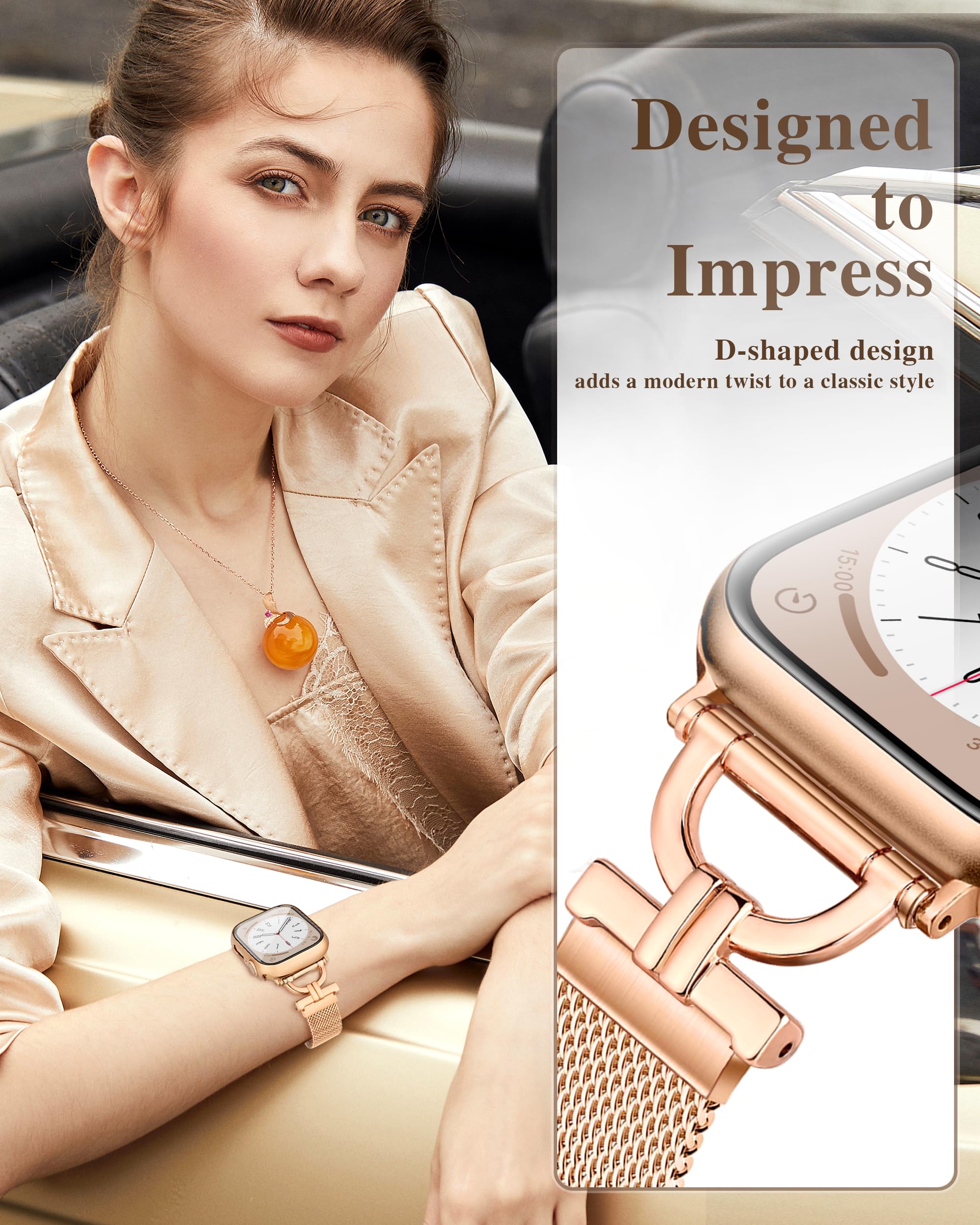 Mazuboho for Apple Watch Bands 40mm with Screen Protector Case, Stainless Steel Magnetic Clasp Apple Watch Bands for Women, with D-shaped Connector for iWatch Bands Series SE 6 5 4 (Rose Gold, 40mm)