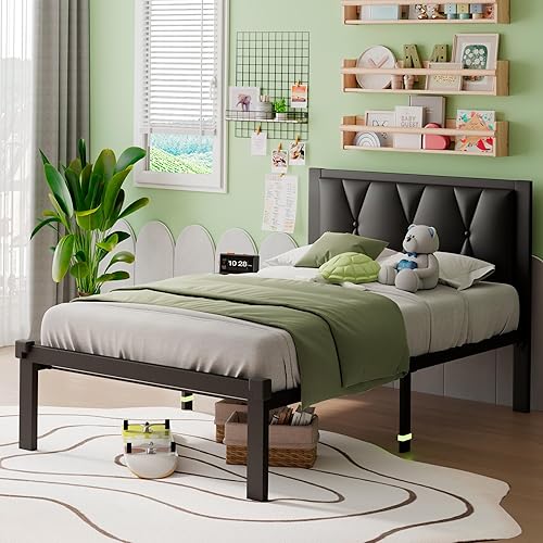 Miniatura 10 de iPormis Marco de cama de metal tamaño matrimonial, cama de plataforma con cabecera capitonada con botones de lino, soporte de listones resistentes,