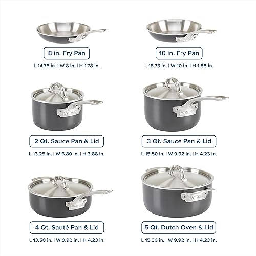 Miniatura 4 de Viking Juego de ollas y sartenes de 5 capas, 10 piezas de utensilios de cocina anodizados duros, tapas de acero inoxidable, color plateado