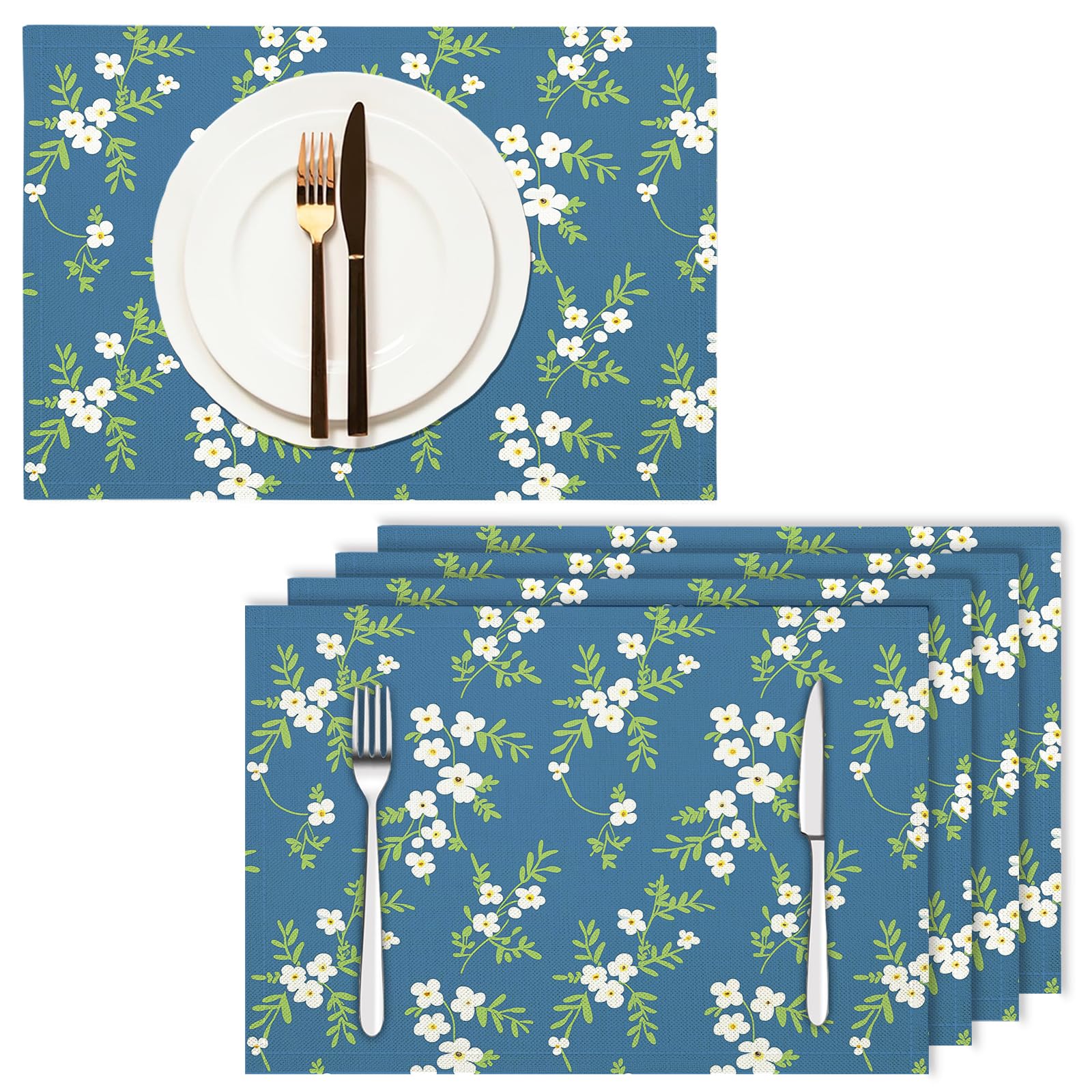 Tovaglietta Americana Fiori Semplici in Cotone Lino Rettangolare - Tovagliette Set di 8 Piccoli Cento Fiori Resistente al Calore per La Cucina, Il L'Ufficio, 30 x 45cm