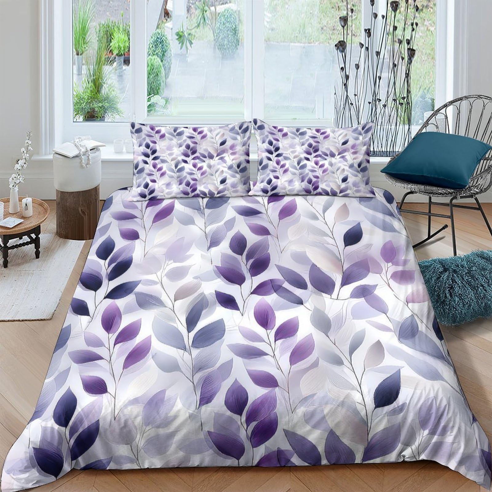 P5V6M1Q9 3D Printed Purple Leaf Duvet Cover Microfiber Soft Breathable Watercolor Floral Bedding Set with 2 Pillowcases for Bedroom Home Single（135x200cm）