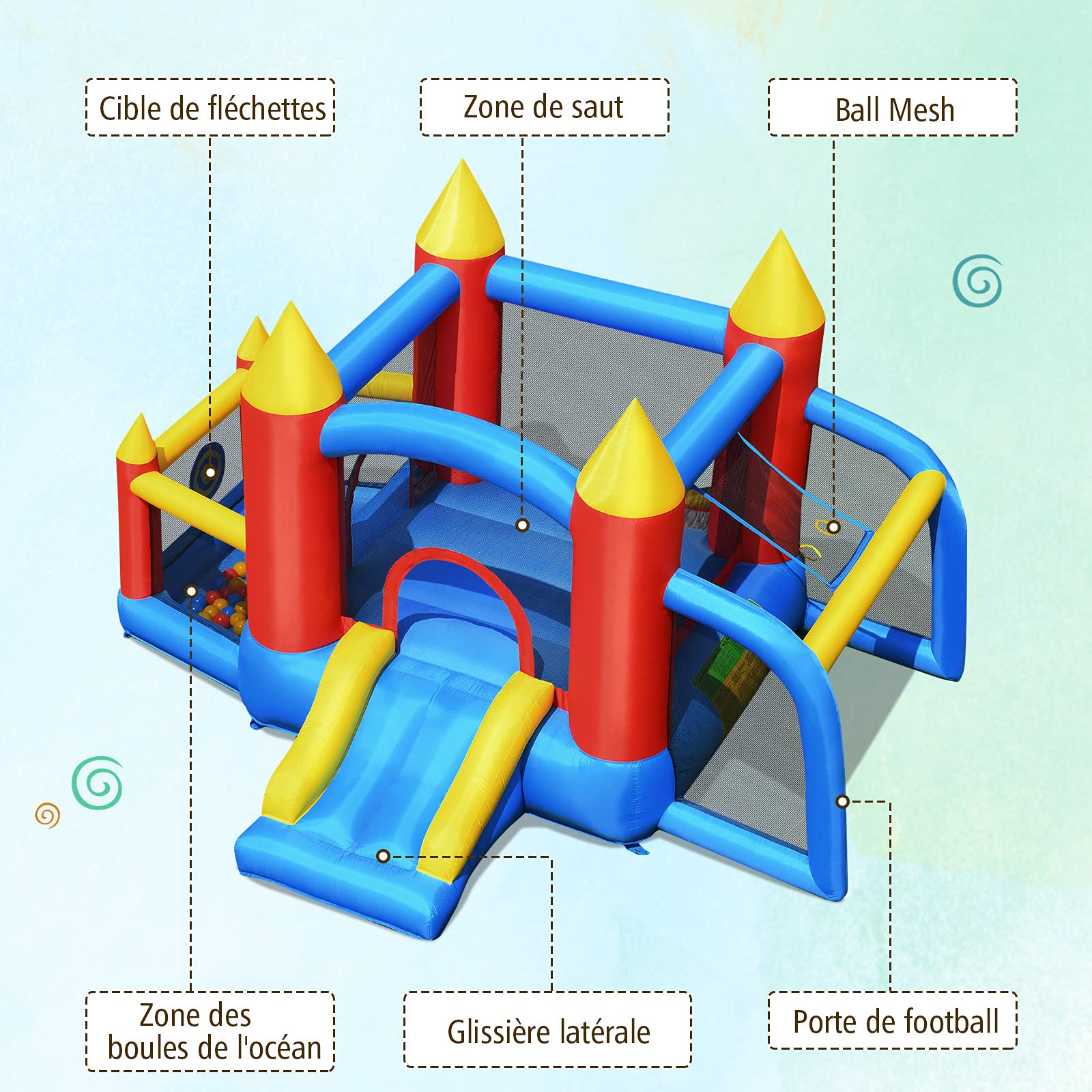 COSTWAY Château Gonflable avec Toboggan et Souffleur, Aire de Jeux Gonflable avec Maison de Saut et Piscine, But de Football, 60 Boules, Intérieur Extérieur, Charge 90kg pour 3-10 Ans