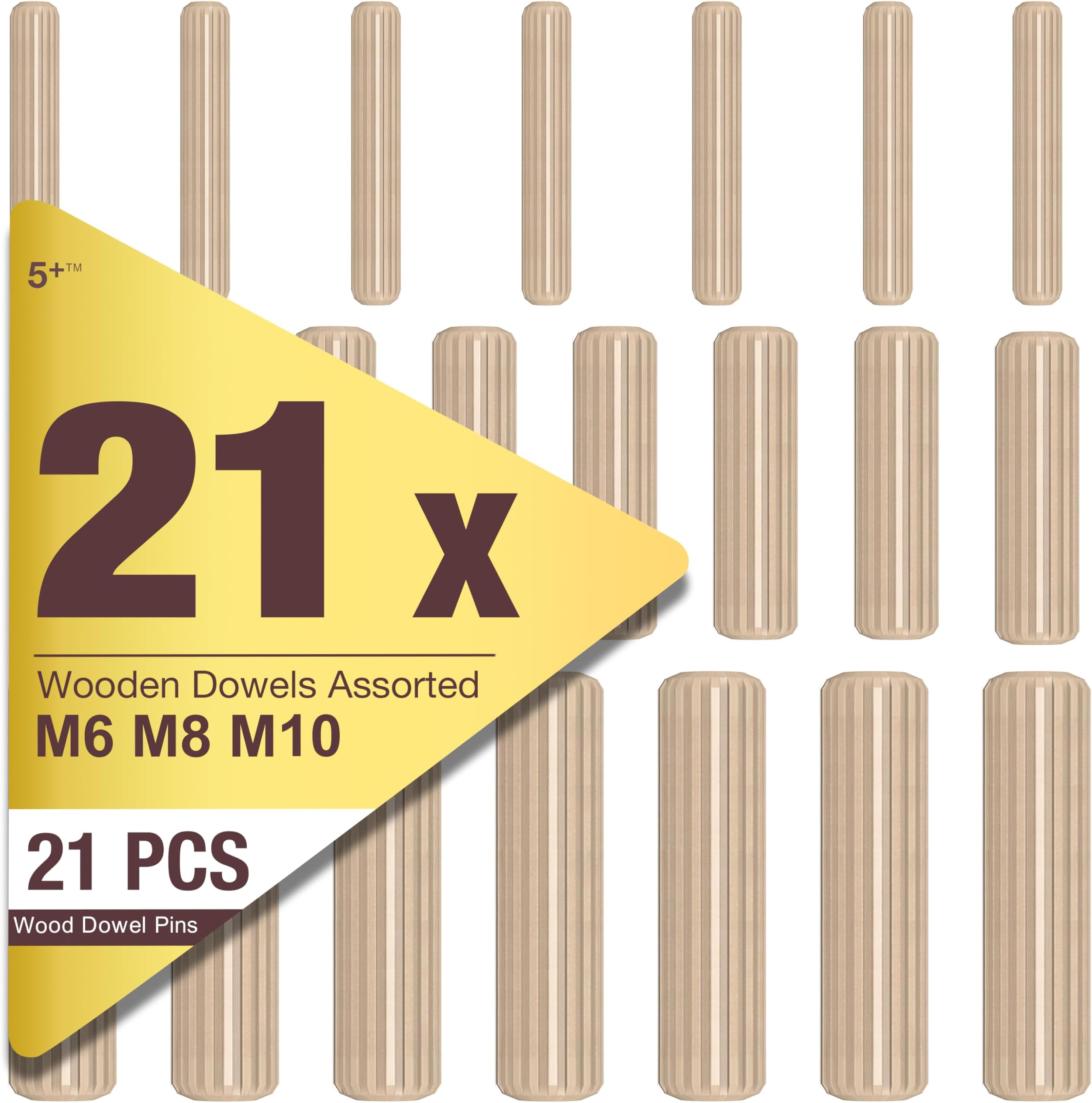 5 Plus 21 Pcs Assorted Wooden Dowels M6 M8 M10 Hard Wood Grooved Furniture Woodwork Grooved Fluted Pin Craft 6mm 8mm 10mm