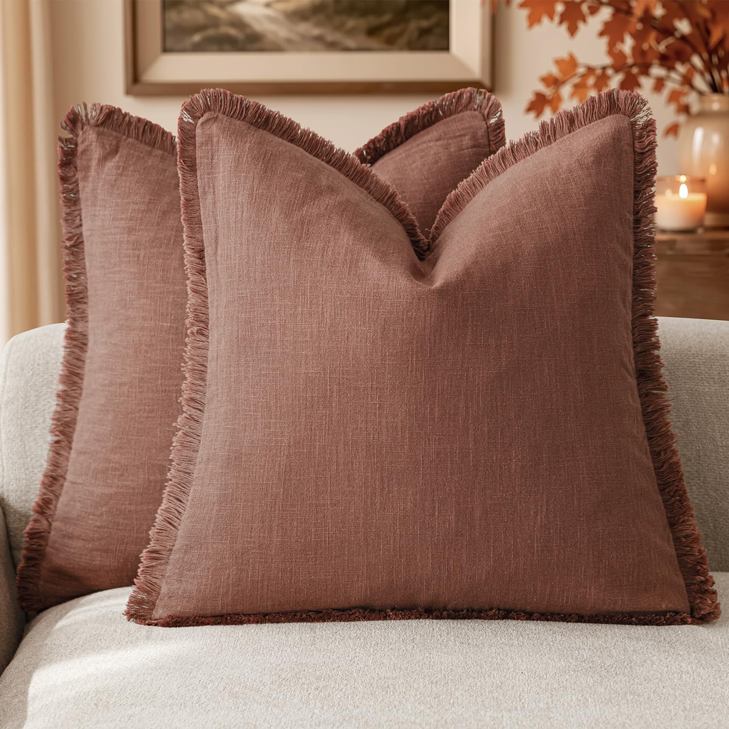 Foindtower Set of 2 Linen Fringe Throw Pillow Covers, Boho Farmhouse, Tassels, 18x18 in, Rust Red, FP-1827