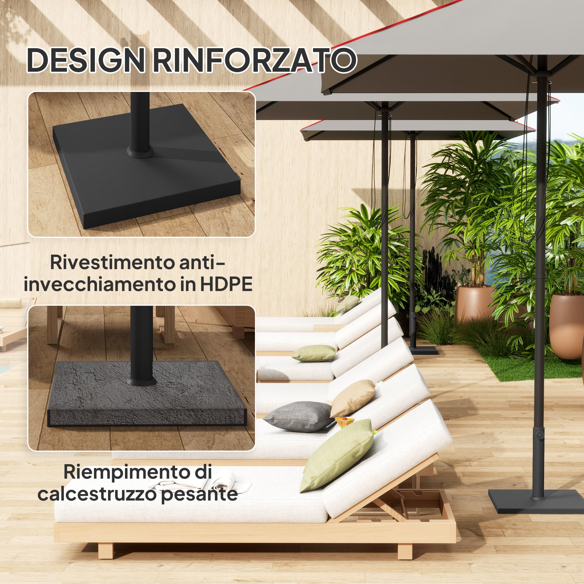 Outsunny Base per Ombrellone da Giardino in HDPE e Cemento, Basamento per Ombrellone Quadrato con Manovella Integrata, Supporto per Ombrelloni Ø38/48 mm, per Esterno, Bar, Patio, Peso 18 kg, Nero