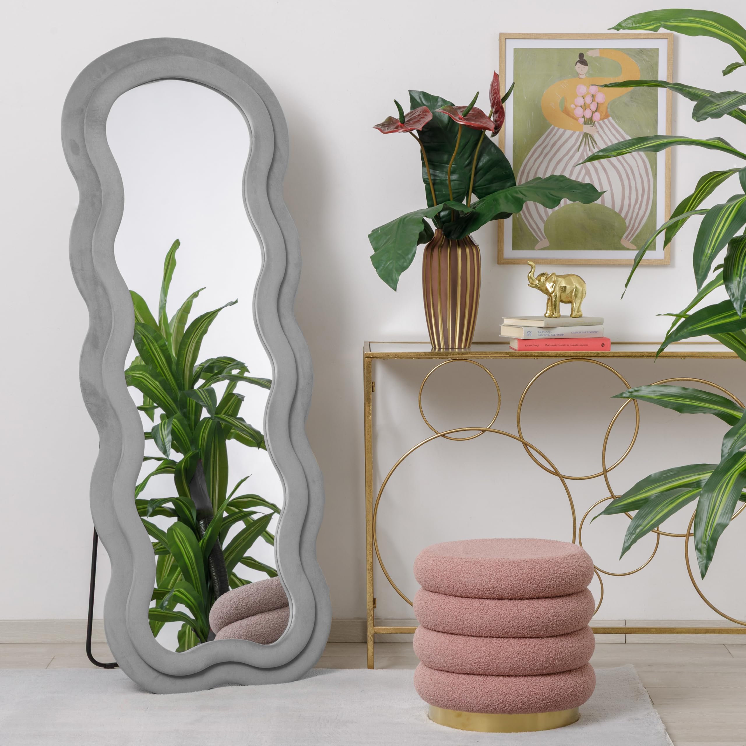 Baroni Home Espejo de pie, espejo con marco ondulado acolchado y revestimiento de terciopelo, para salón, dormitorio, pasillo, 160 x 60 cm, terciopelo gris