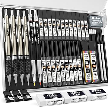 Nicpro 37PCS Art Mechanical Pencil Set, 4PCS Metal Drafting Pencil 0.3mm, 0.5 mm, 0.7 mm, 0.9 mm & 2PCS 2mm Lead Holder 6B 4B 2B HB 2H 4H Colors For Sketching Drawing With 23 Tube Lead Refills Case