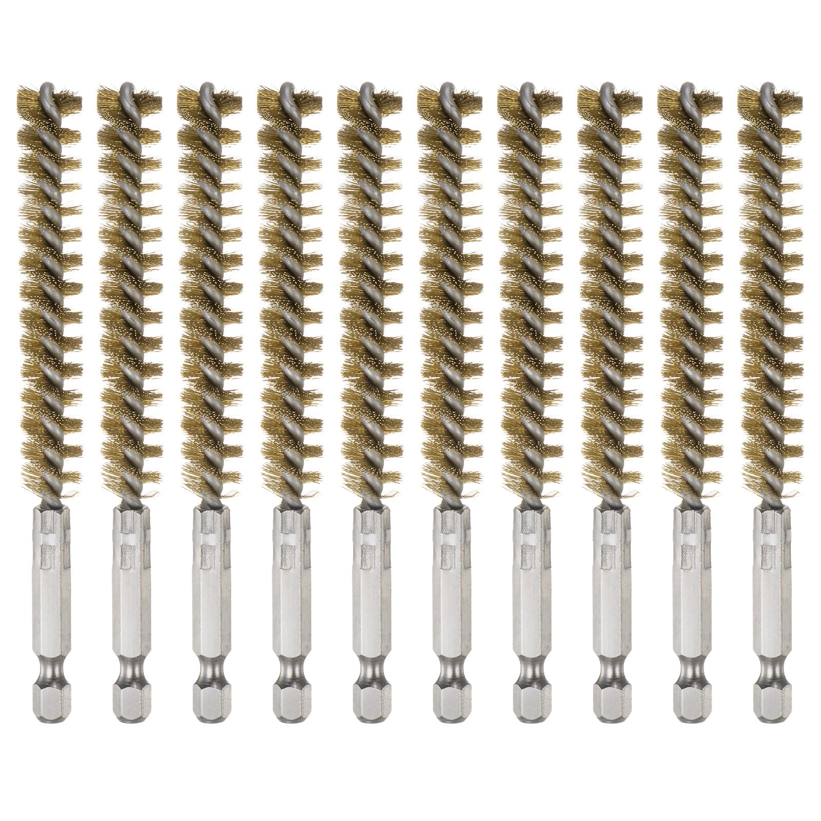sourcing map 10Pcs Brass Bore Brush 11mm Dia 4.5" Long Cleaning Twisted Wire Brush with Handle 1/4" Hex Shank for Tubes Ports Bearings, Yellow