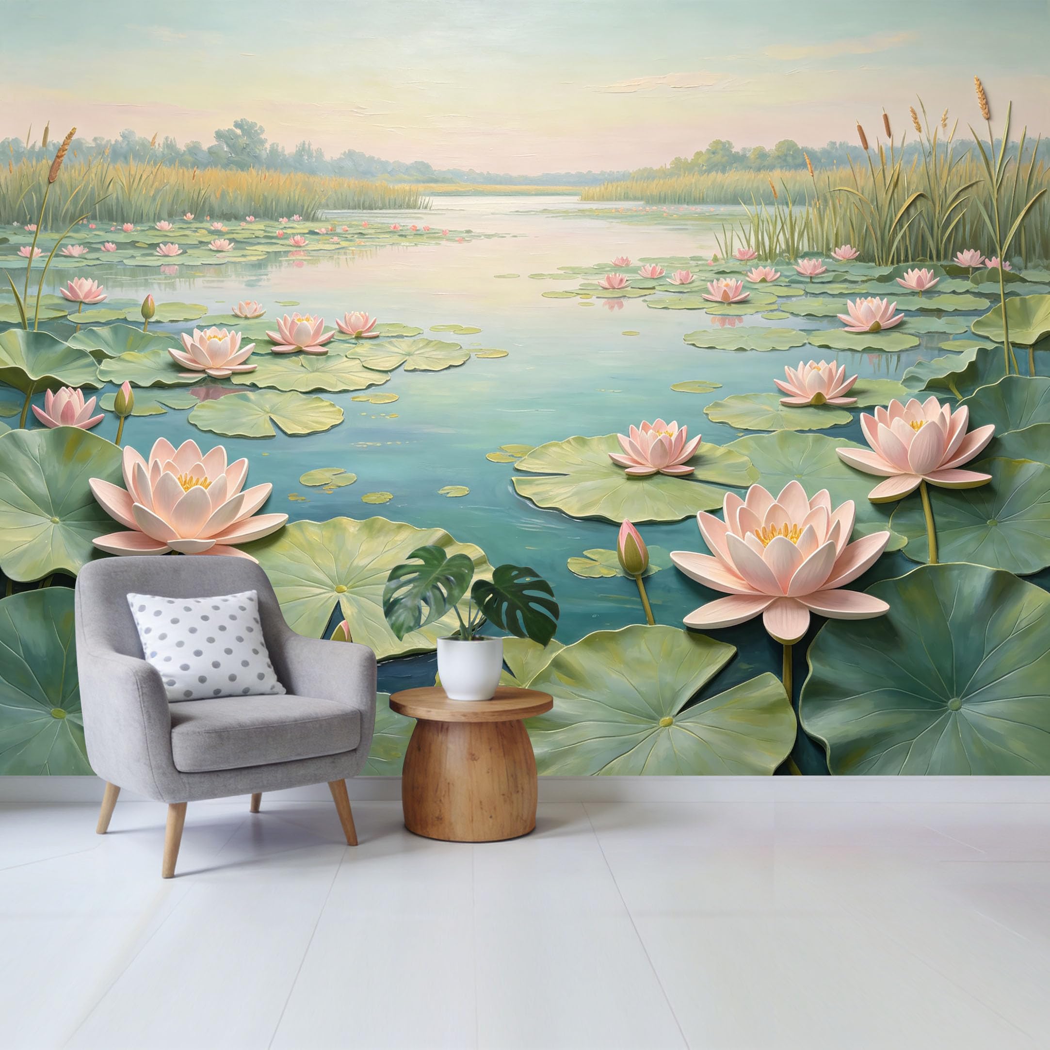 Qzlithotic Yq2605251014 Custom Size Wall Mural Serene Pink Lotus Flower Pond Landscape Oil Painting Style Selfadhesive Wall Fabric Removable Wallpaper For Home Office Decor