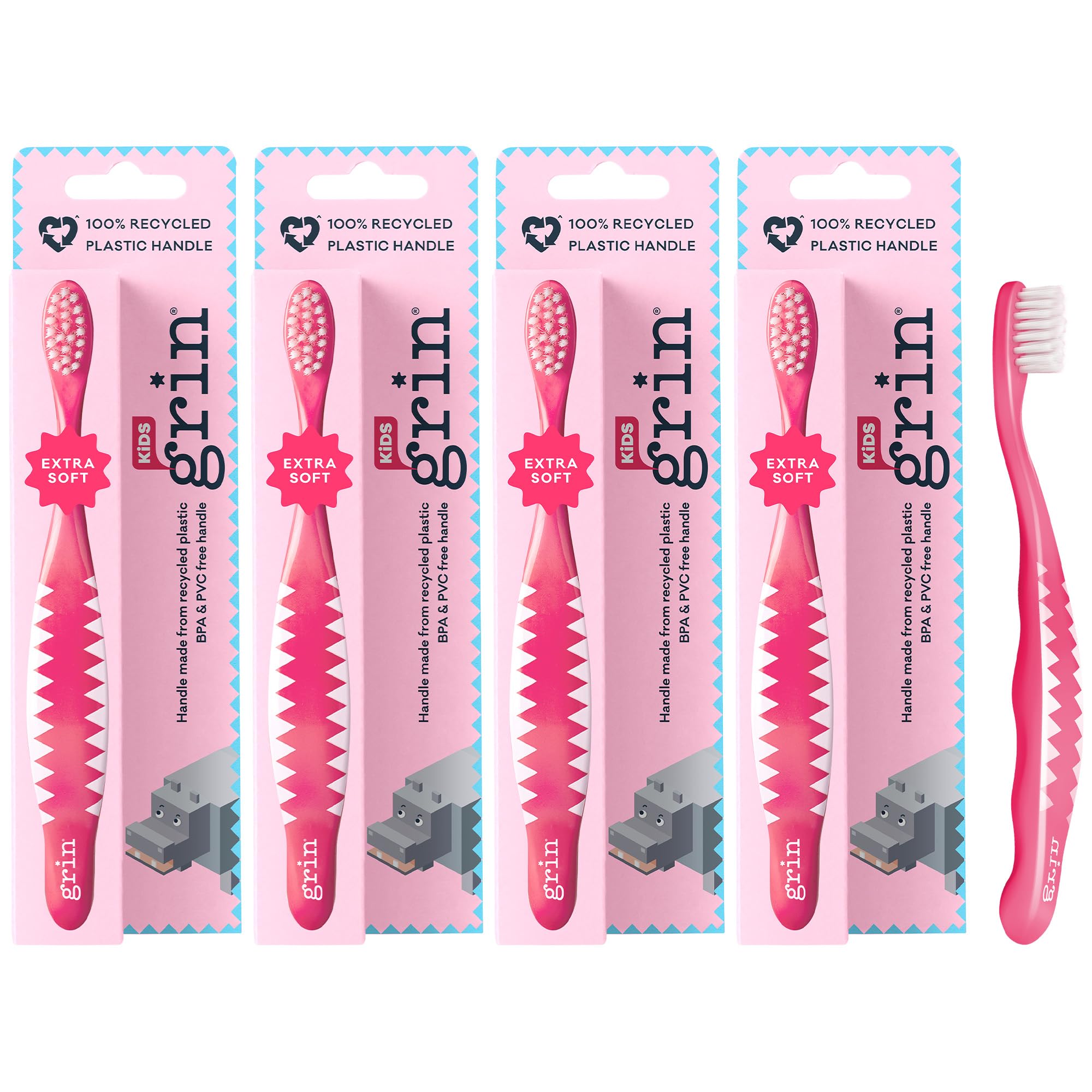 Grin Ultra Soft Kids Toddler Toothbrush Manual Full Mouth Brush Head for Whitening Gum Care 100 Recycled Oraganic