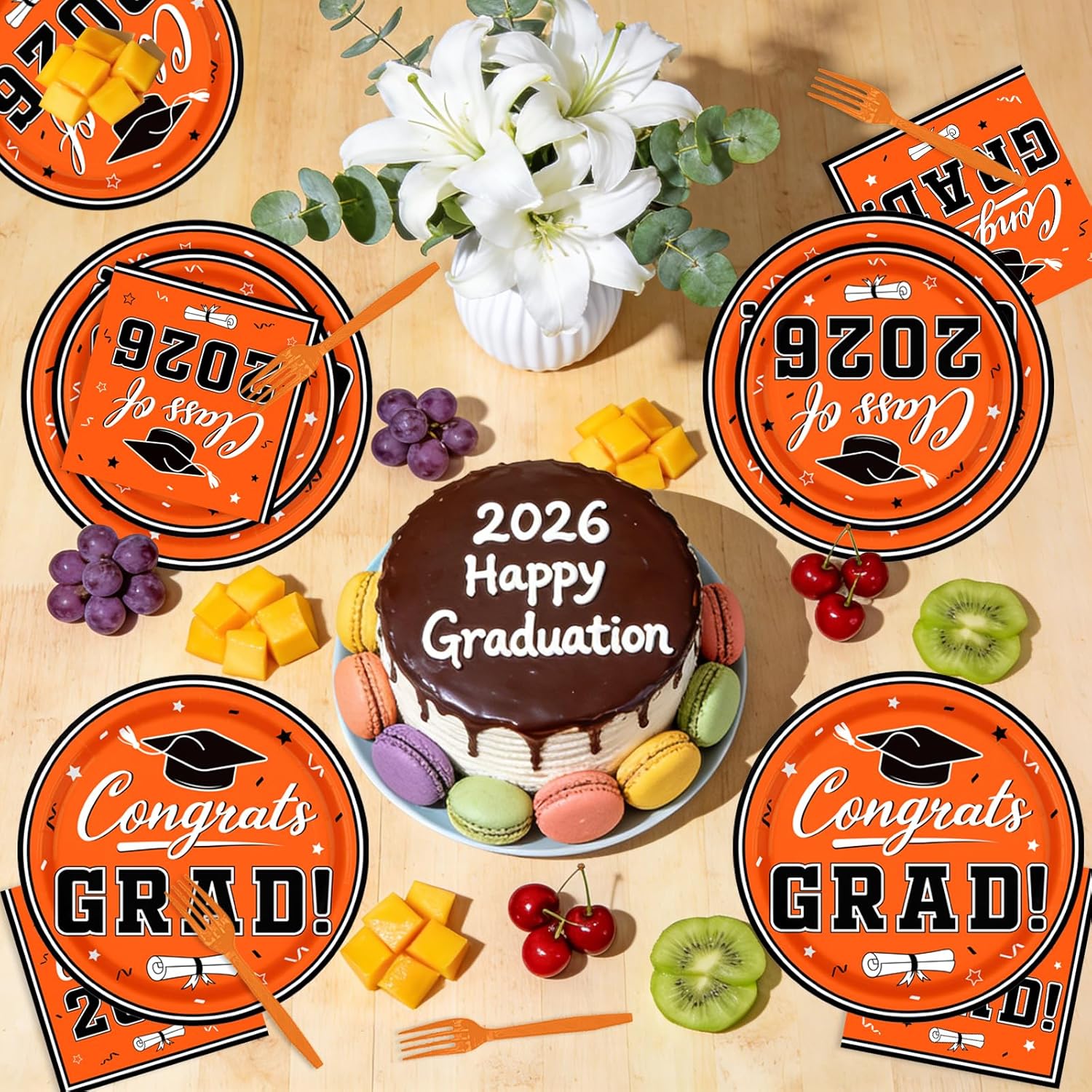 Orange Graduation Decorations 2026,200Pcs Black and Orange Graduation Plates and Napkins,Forks for Graduation Party Decorations,Class of 2026 Graduation Party Supplies,Serve 50