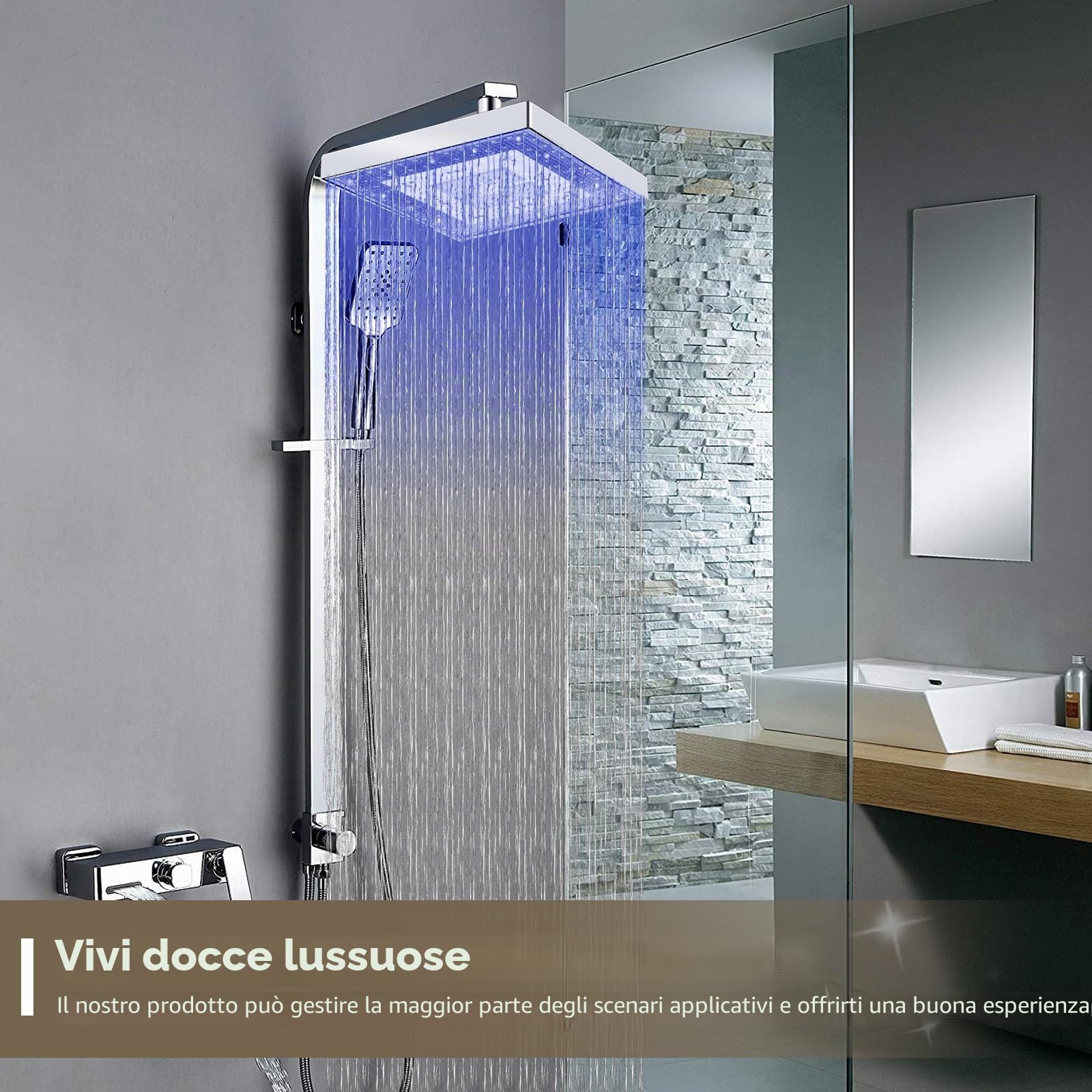 Soffione doccia a pioggia LED da 8 pollici (20 cm), soffione doccia a pioggia con controllo della temperatura a 3 colori, soffione doccia quadrato ad alto flusso per bagno di casa