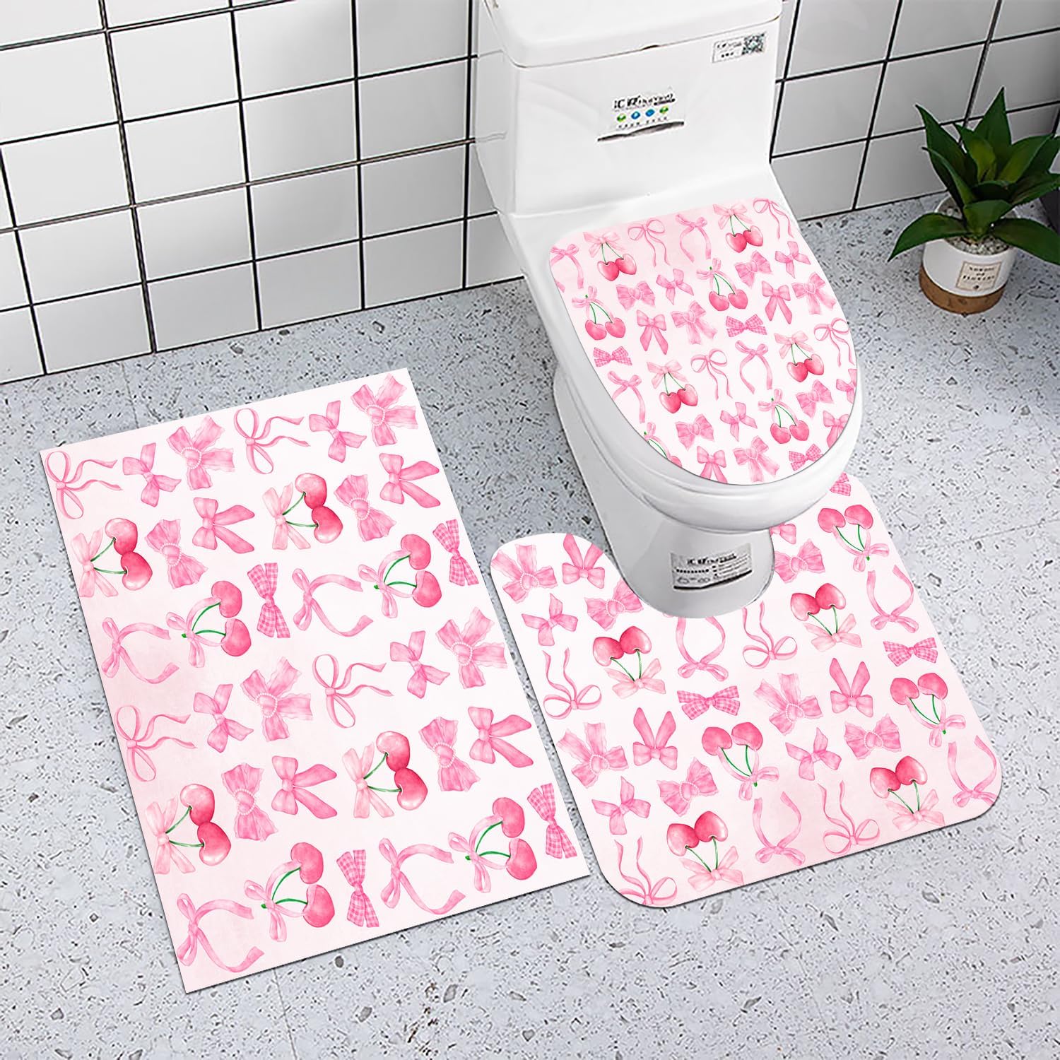 Pink Cherry Bows Shower Curtain Set with Rug - Red Fruit Cherry Bow Aesthetic Bathroom Decor - Preppy Trendy Coquette Set for Girls - 4PCS