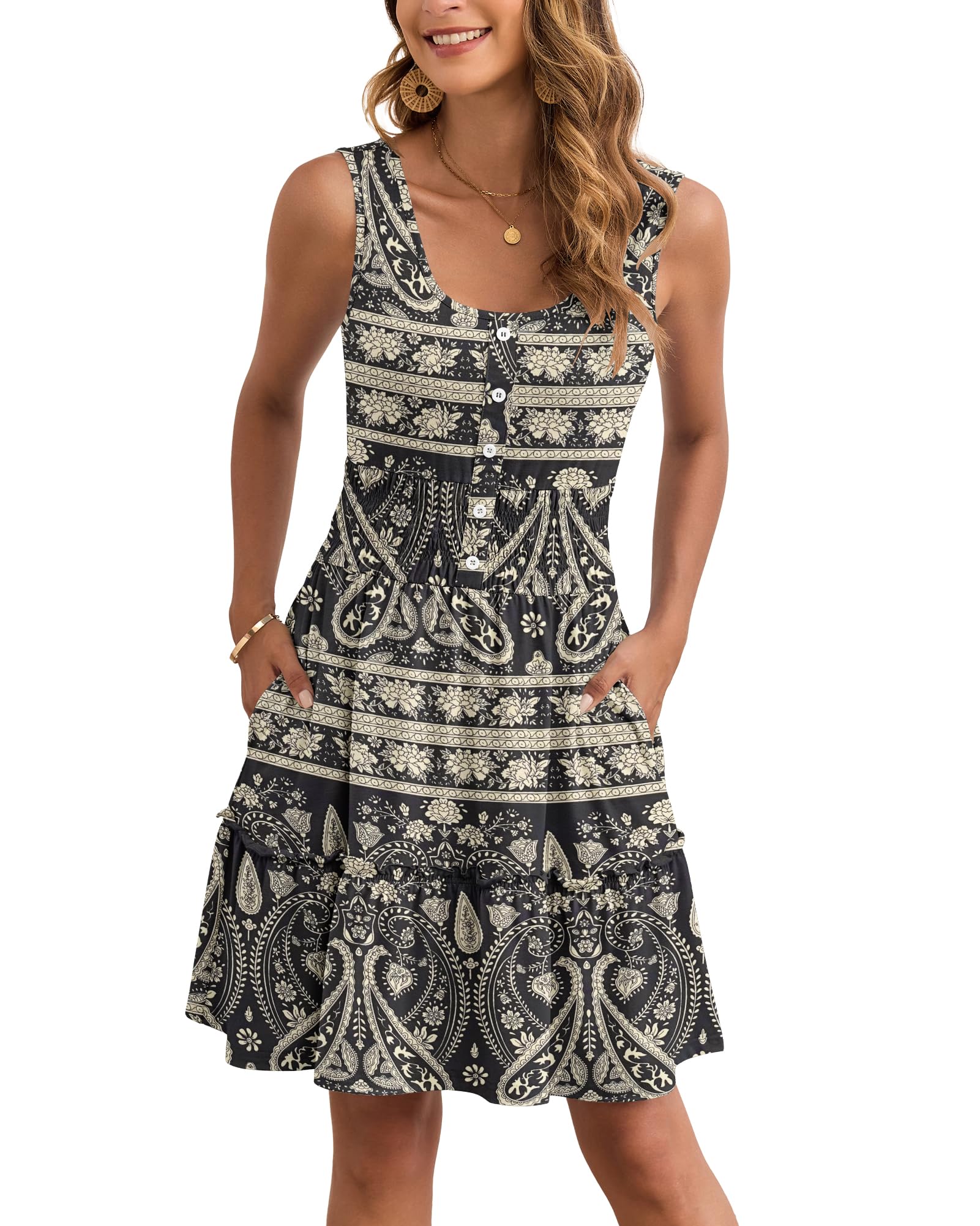 AUSELILY Women Summer Dress Sleeveless Tank Button Down Dresses