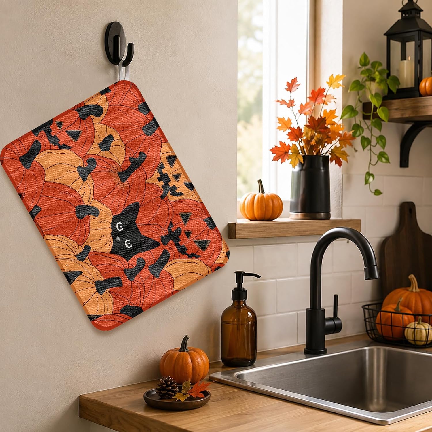 AnyDesign Halloween Dish Drying Mat Pumpkin Black Cat Kitchen Dish Drainer Protector Spooky Absorbent Dry Pad for Countertop Tableware Decor, 18 x 24 Inch