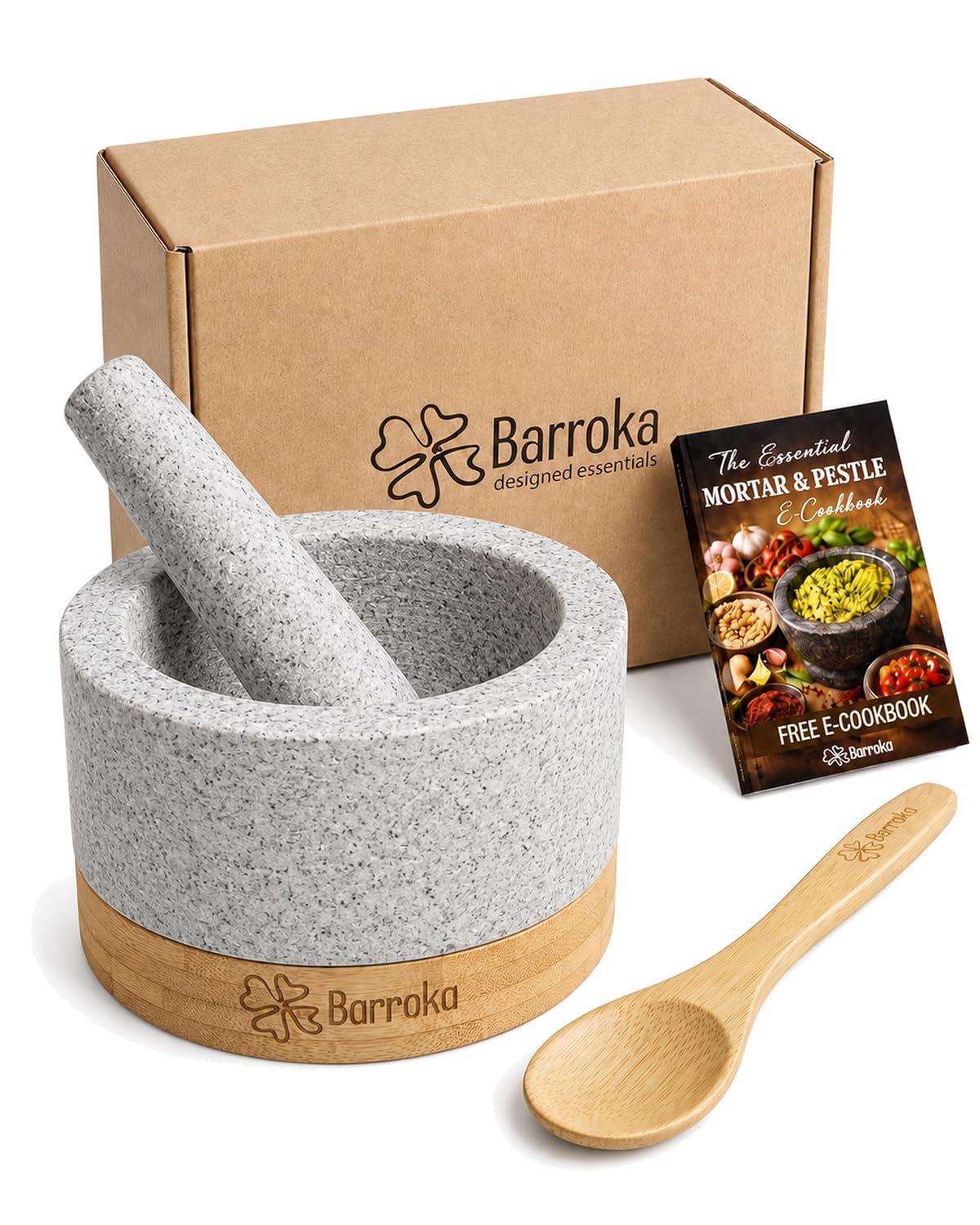 Natural Granite Mortar and Pestle Set Large w/Bamboo Base & Long Pestle 6 Inch 2 Cups Capacity Molcajete Bowl -Plastic Free Stone Grinder Bowl Muddler Set -Grey Unpolished Exterior