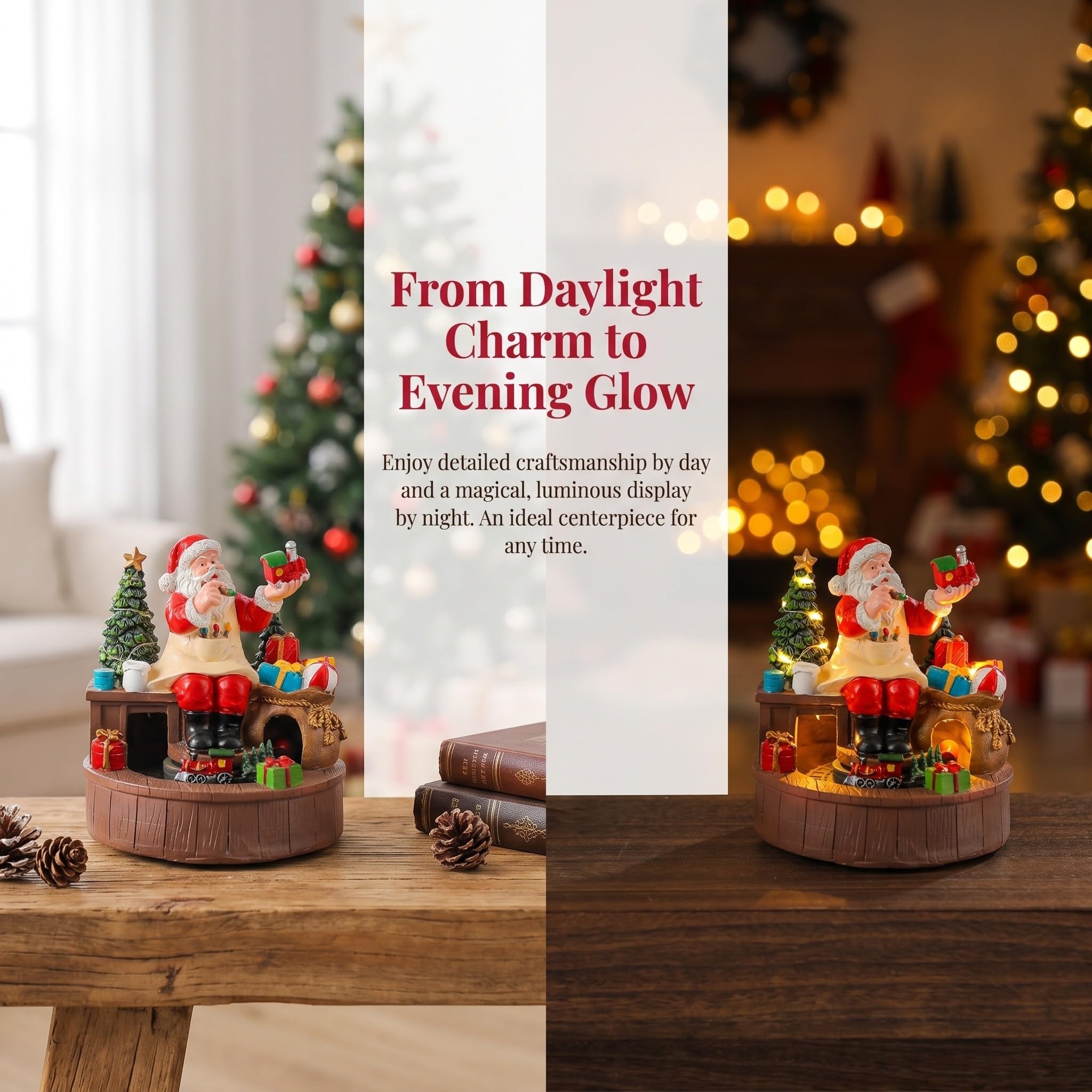Toyvian Weihnachtliche Spieluhr aus Kunstharz mit Drehender Weihnachtsmannfigur und Warmem LED Licht für Festliche Weihnachtsfeiern im Innenbereich