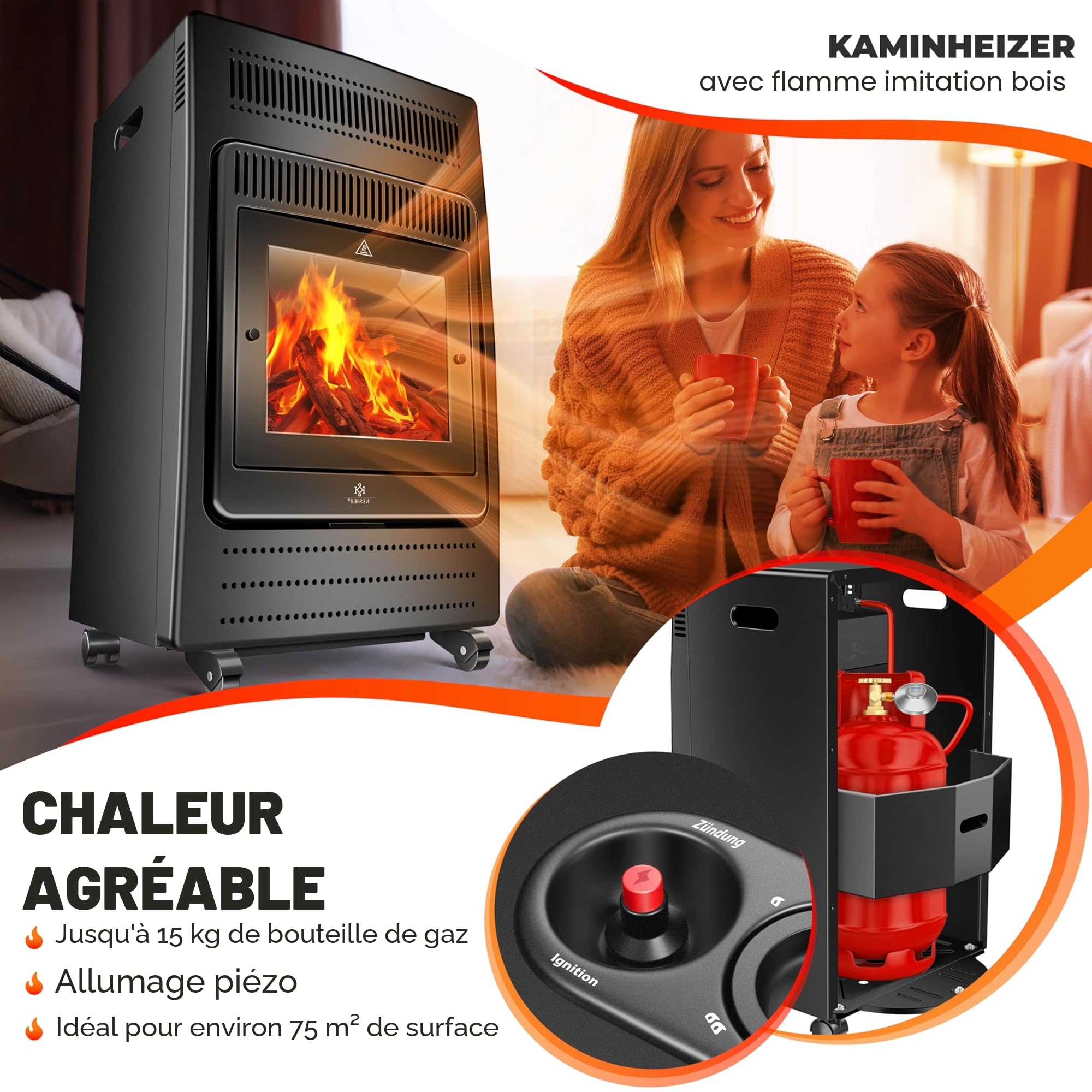 KESSER® Chauffage à gaz Poêle à gaz Radiateur infrarouge 3,4 k W Foyer au gaz 2 niveaux de chauffage infrarouge 3 400 W Chauffage radiant au gaz Bouteilles de butane ou de propane jusqu'à 11kg, noir