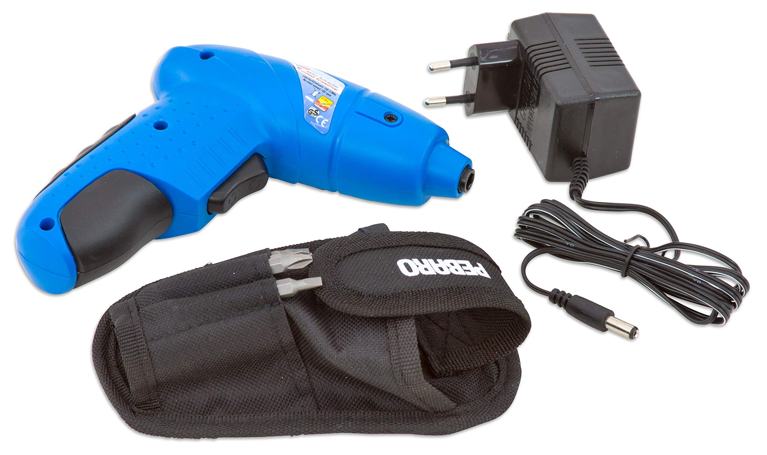 Pebaro 2010 Leistungsstarker Akkuschrauber, 9 Bits, USB-Kabel, Gürteltasche, drehbarer Griff zur Verwendung als Stabschrauber oder LED-Taschenlampe, Geschenkidee für Kinder