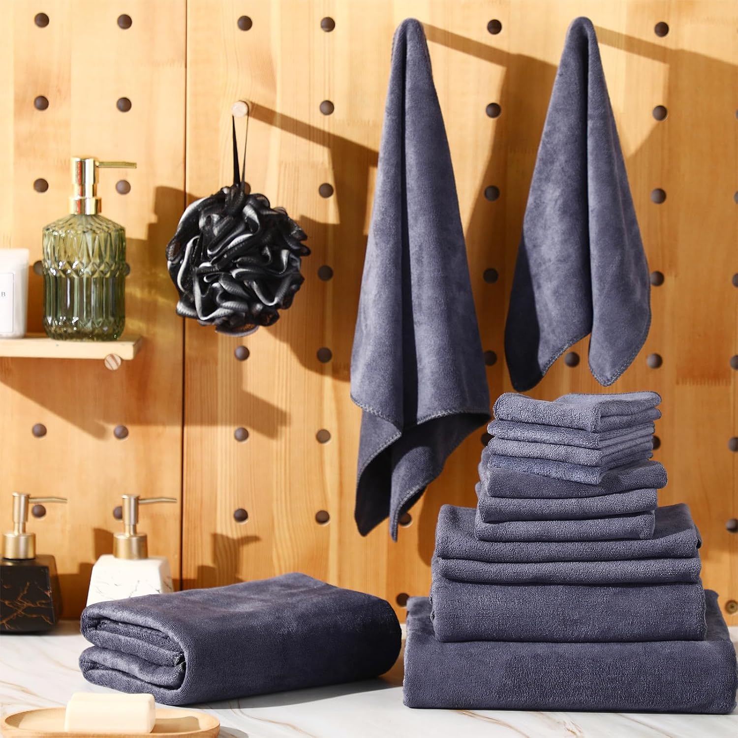Mixweer 24 Piece Dark Grey Microfiber Absorbent Towel Set: 2 Oversized Bath Sheets, 4 Bath Towels, 6 Hand, 8 Washcloths, 4 Fingertip for Bathroom Spa Gym Camping Beach