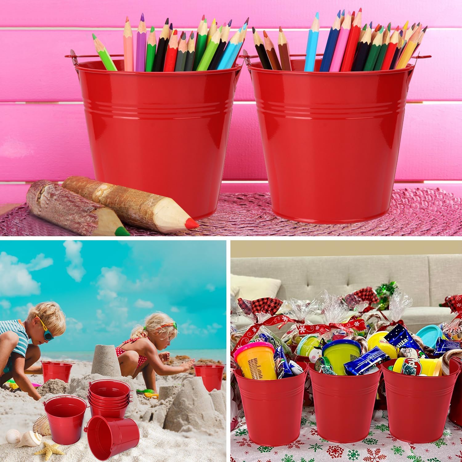 15 Pack 5.1" Red Metal Bucket, Elegant Galvanized Buckets with Handles, Tin Buckets, Small Iron Bucket, Metal Pail for Party Favors, Crafts, Garden & Beach