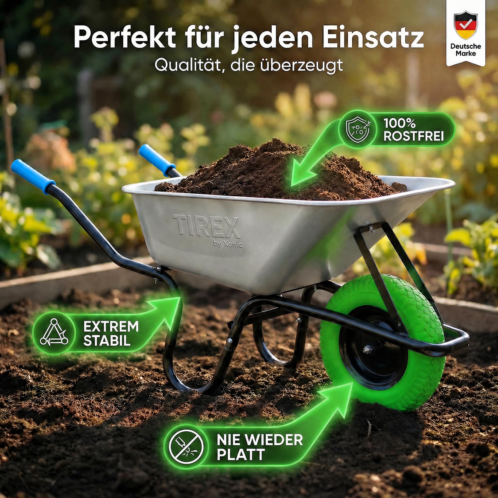 TIREX by xonic® Schubkarre mit Stahlfelge – Verzinkte Wanne bis 250kg/ 100l - Robuste Ausführung für Garten und Blau – Schieb-Karre mit PU Vollgummi-Rad - Blau- Silber