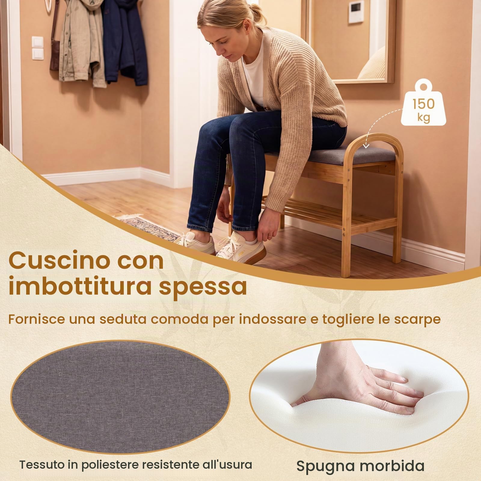 SOARS Panca Scarpiera da Ingresso in Legno Bambù 2 Livelli con Contenitore | Panca Imbottita Porta Scarpe per Corridoio, Camera da Letto e Soggiorno, Carico 150 kg, 70 x 30 x 51 cm