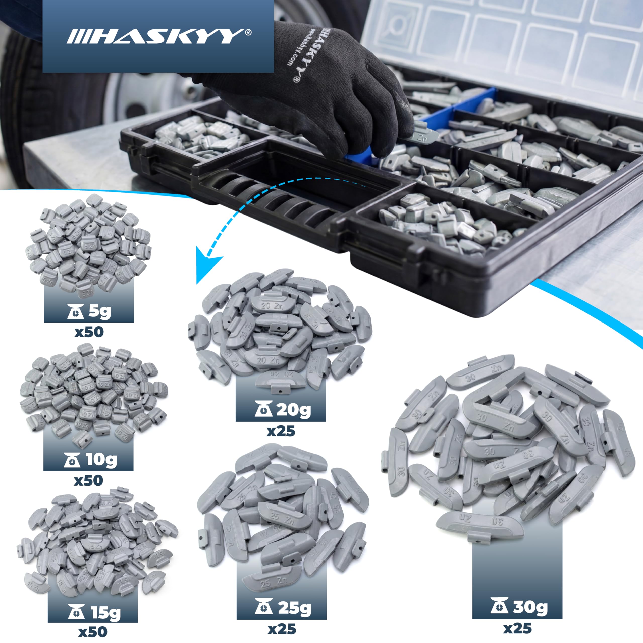 HASKYY 225 Contrappesi assortiti da 5 a 30g per equilibratura ruote in ferro auto compreso l'organizzatore/scatola di assortimento