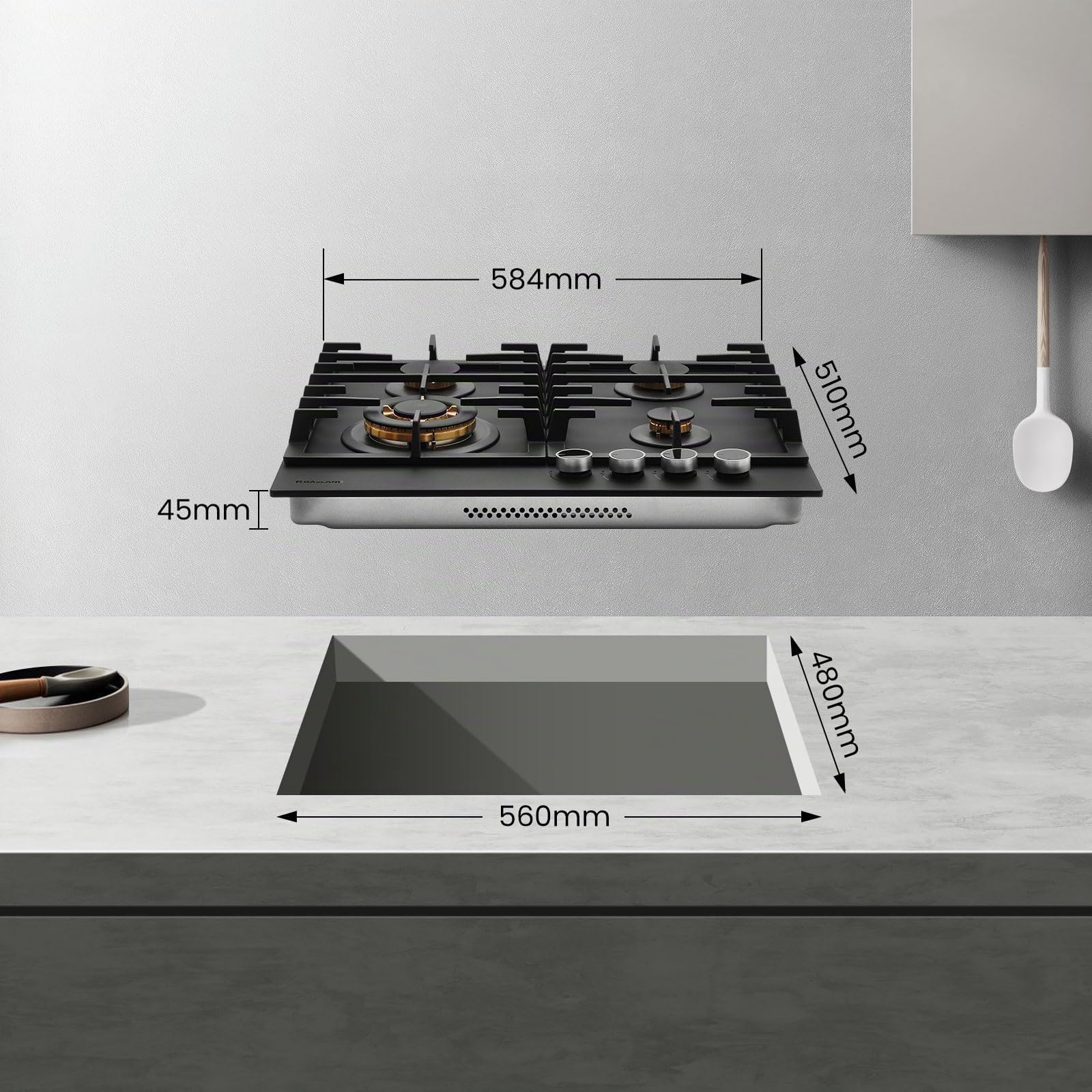 GASLAND PRO GH2604BG1FC - Placa de cocción con 4 luces de cristal, mesa de cocción con botones iluminados, 60 cm con quemadores de latón, compatible con Butano, 8000 W