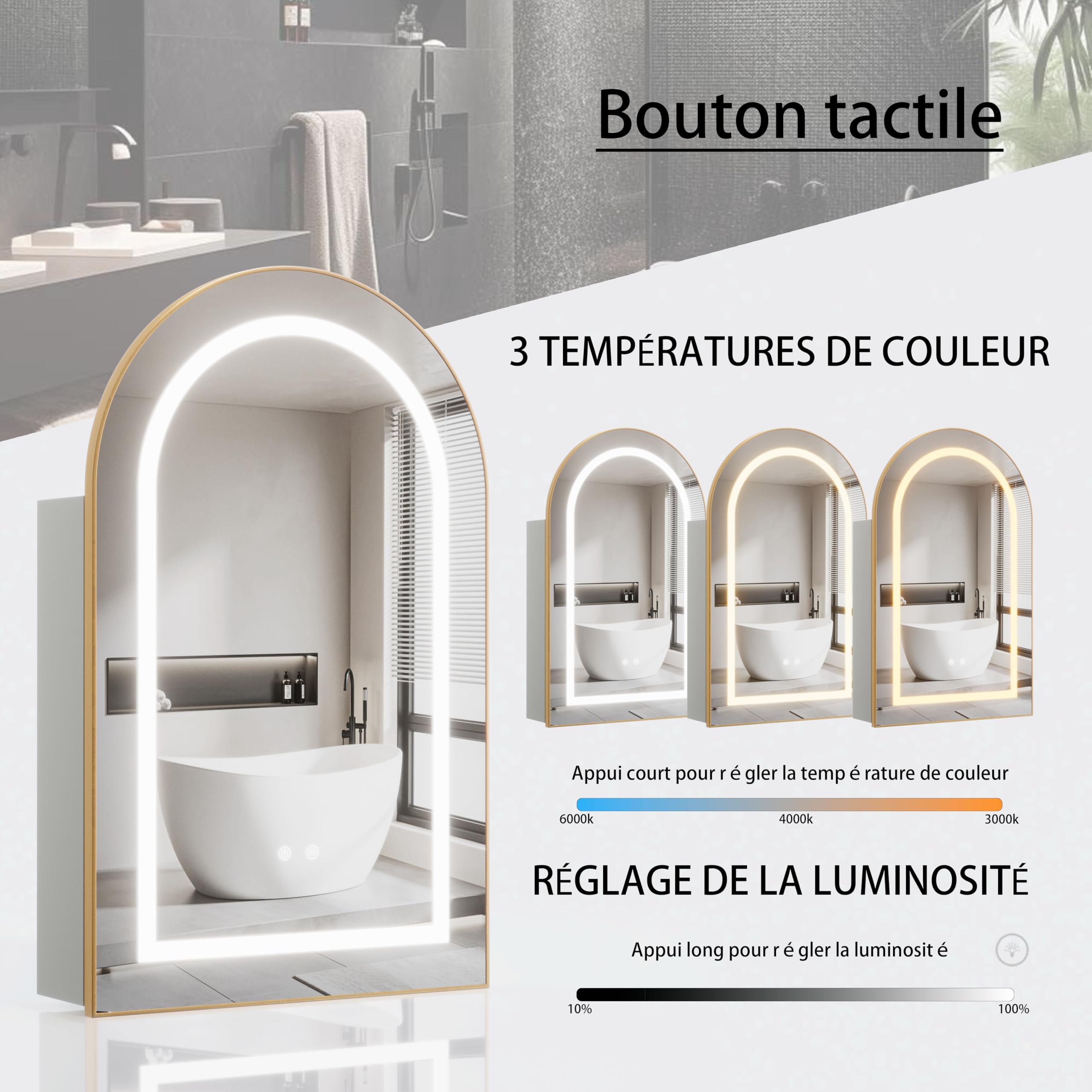 Armoire Salle de Bain avec Miroir Éclairage LED Murale Armoire Miroir avec Prise (2*AC+3*USB) et Fonction Antibuée Arqué Armoire de Toilette avec 3 Étagère 60x90x15 cm Doré et Beige