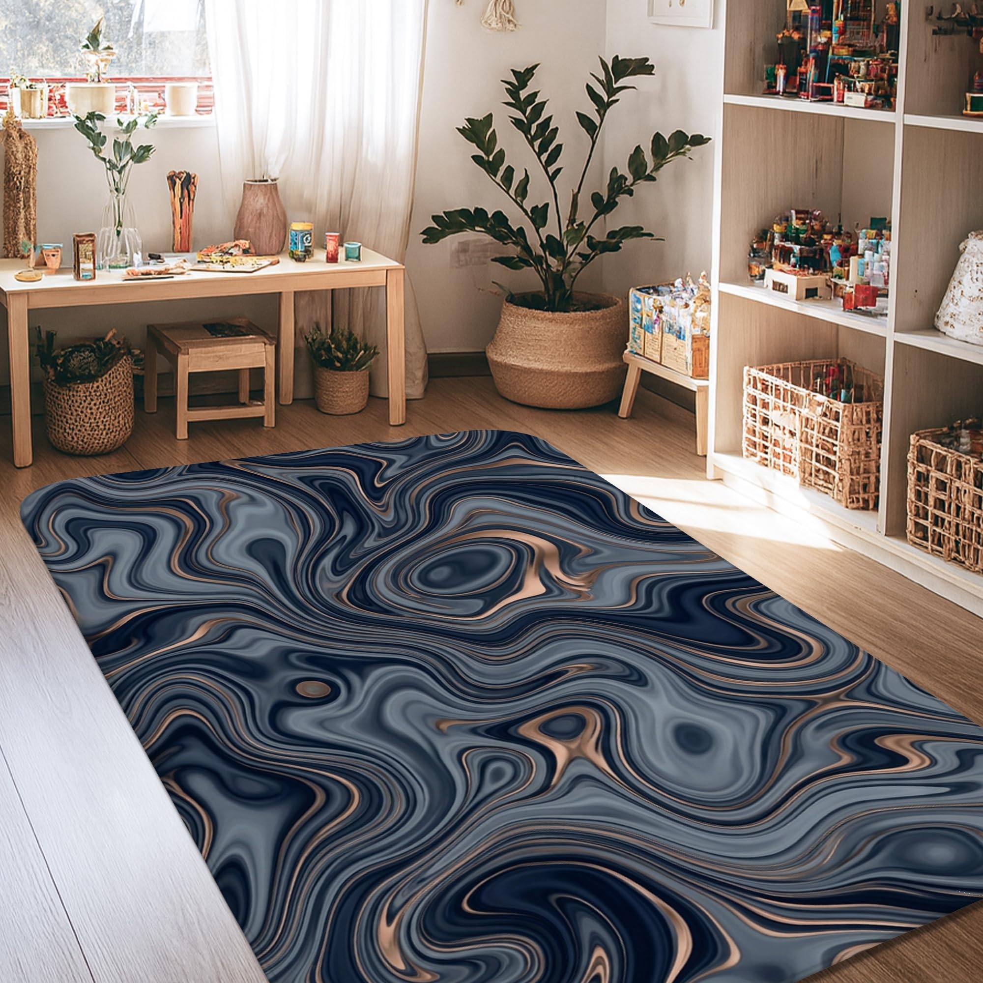 Alfombra rectangular de mármol azul marino para crear un salón moderno, acogedor y esponjoso