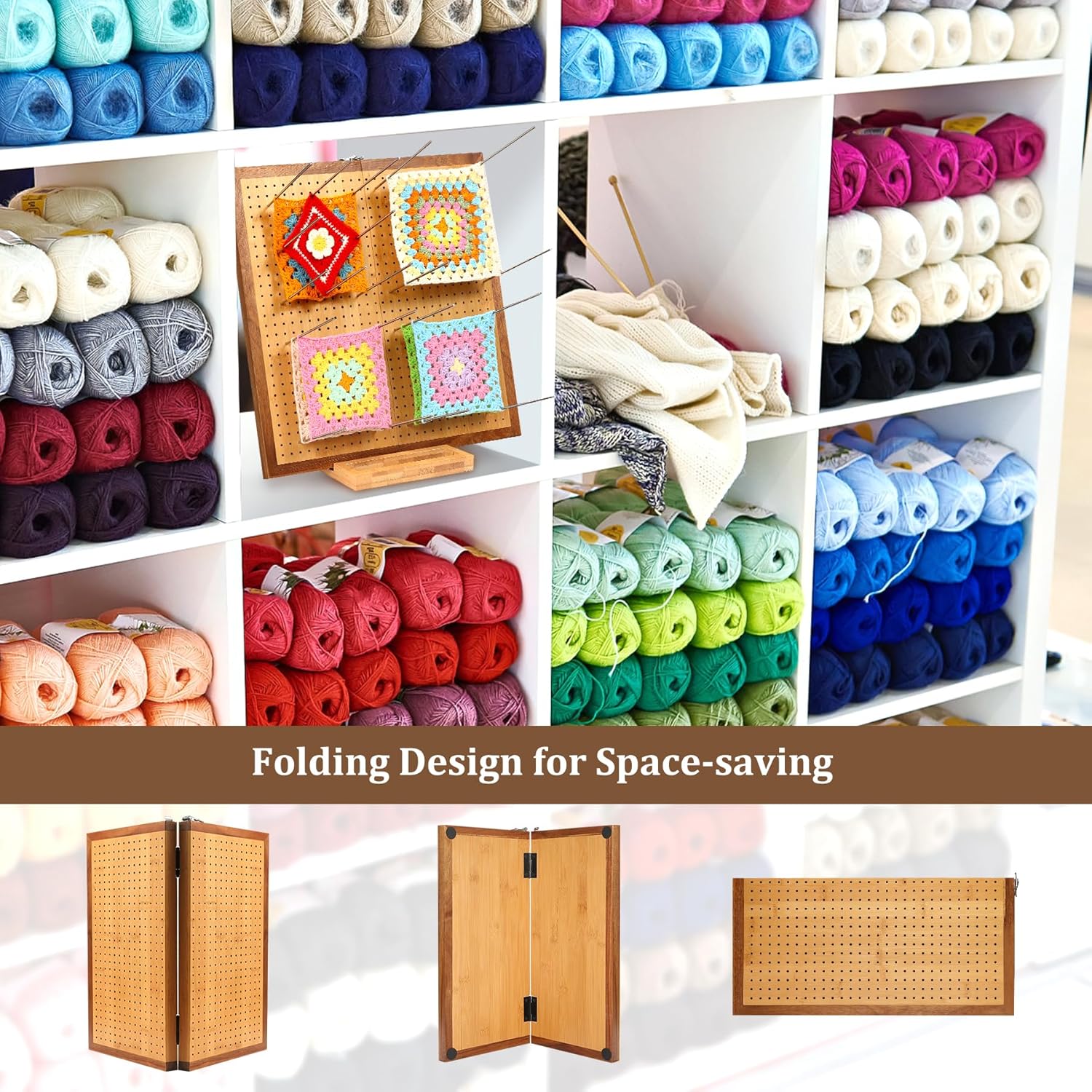 15.5" Foldable Crochet Blocking Board with 35 Stainless Steel Pegs - Upgrade Large Blocking Boards for Crochet Projects, Bamboo Granny Square Crocheting Accessories Gifts for Crocheters
