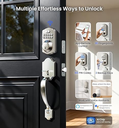 Miniatura 2 de Veise VE012W-H - Juego de cerradura inteligente WiFi para puerta delantera, WiFi integrado, control remoto de aplicación y control de voz, cerrojo