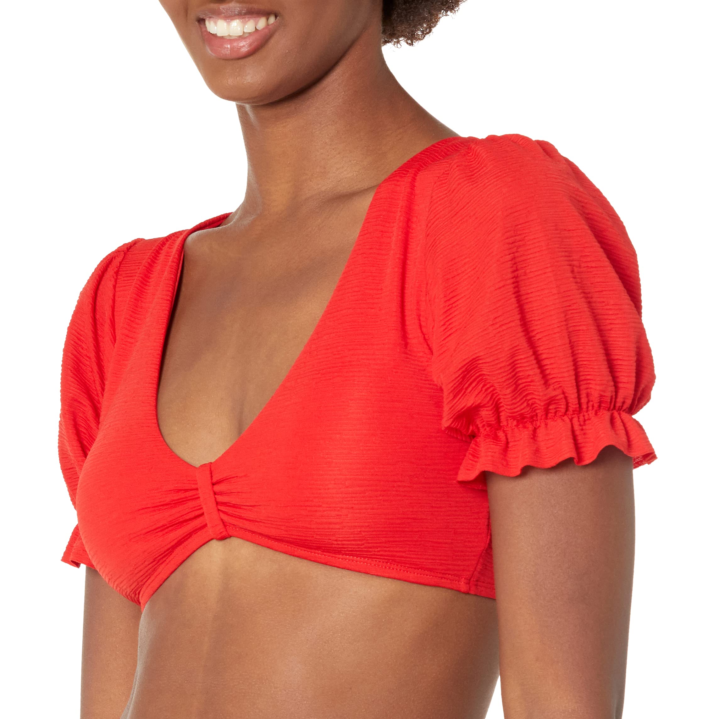 BCBGMAXAZRIAWomen's Swimsuit Top with Poof Short Sleeves Bikini, Red, 4