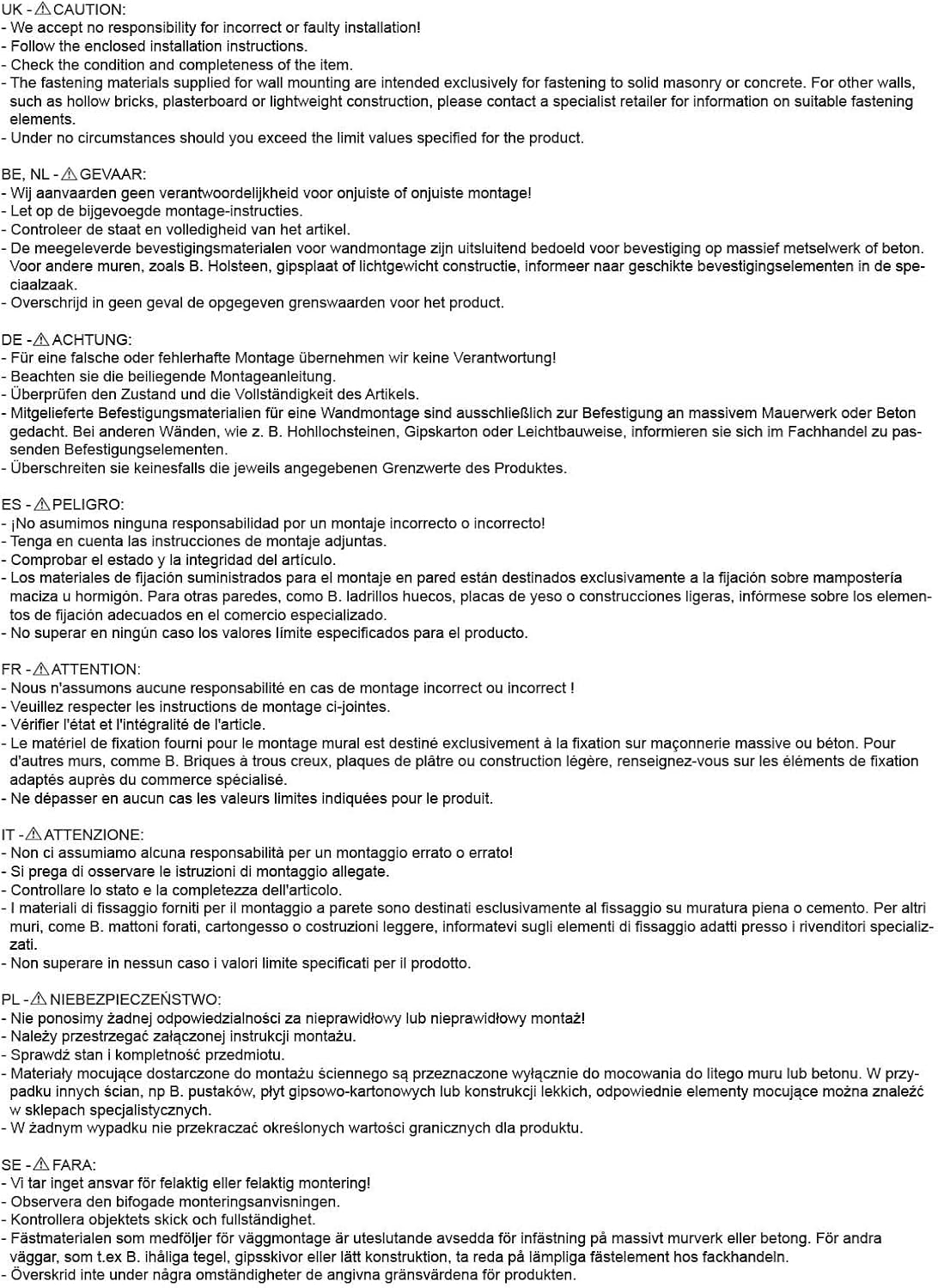 Warning label with safety instructions in multiple languages.