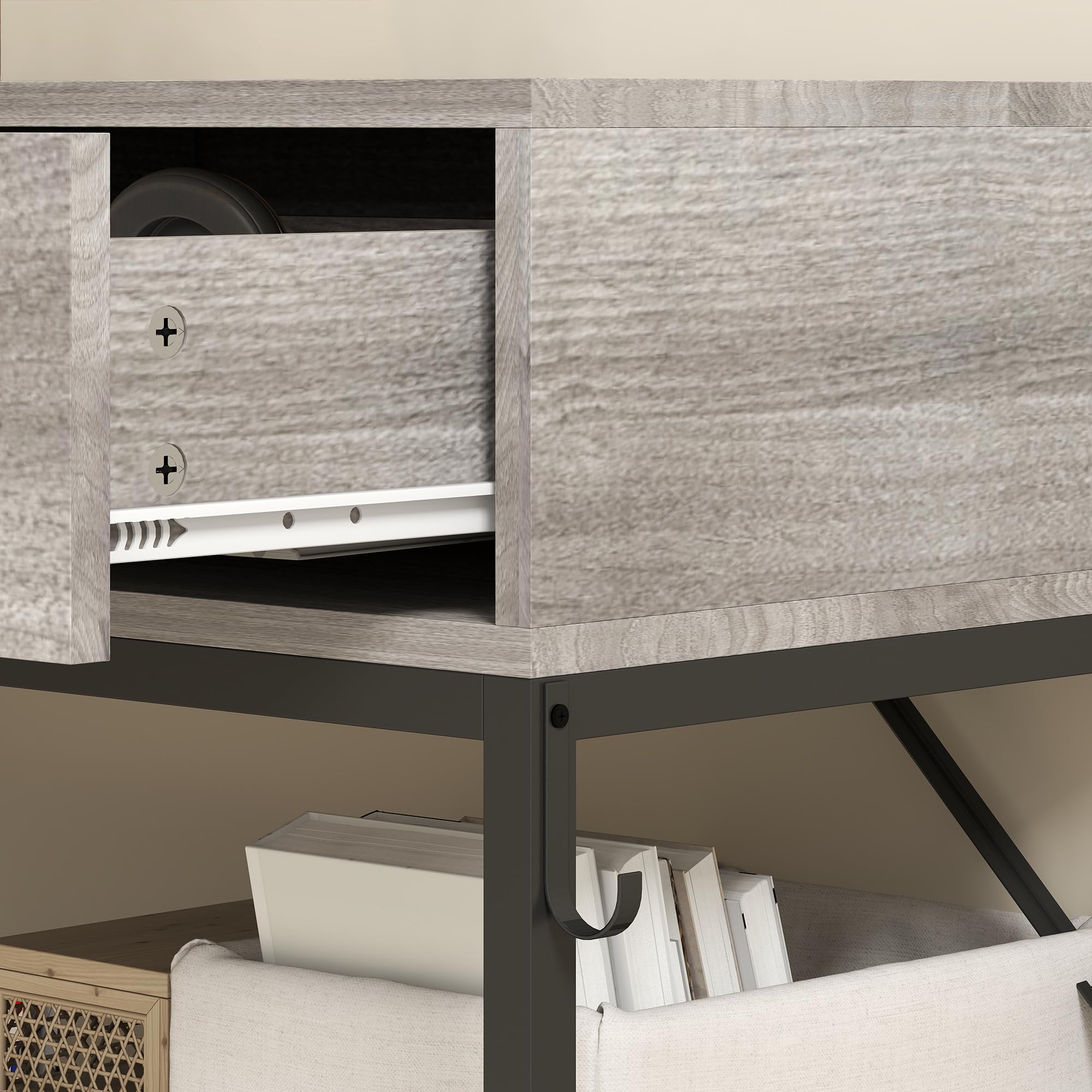 HOMCOM Consolle Ingresso con 2 Cassetti, 2 Ripiani in Rete e Gancio Laterale, Tavolo Consolle in Legno e Metallo, Tavolino Ingresso per Camera da Letto, 100x35x92 cm, Color Legno Grigio Chiaro