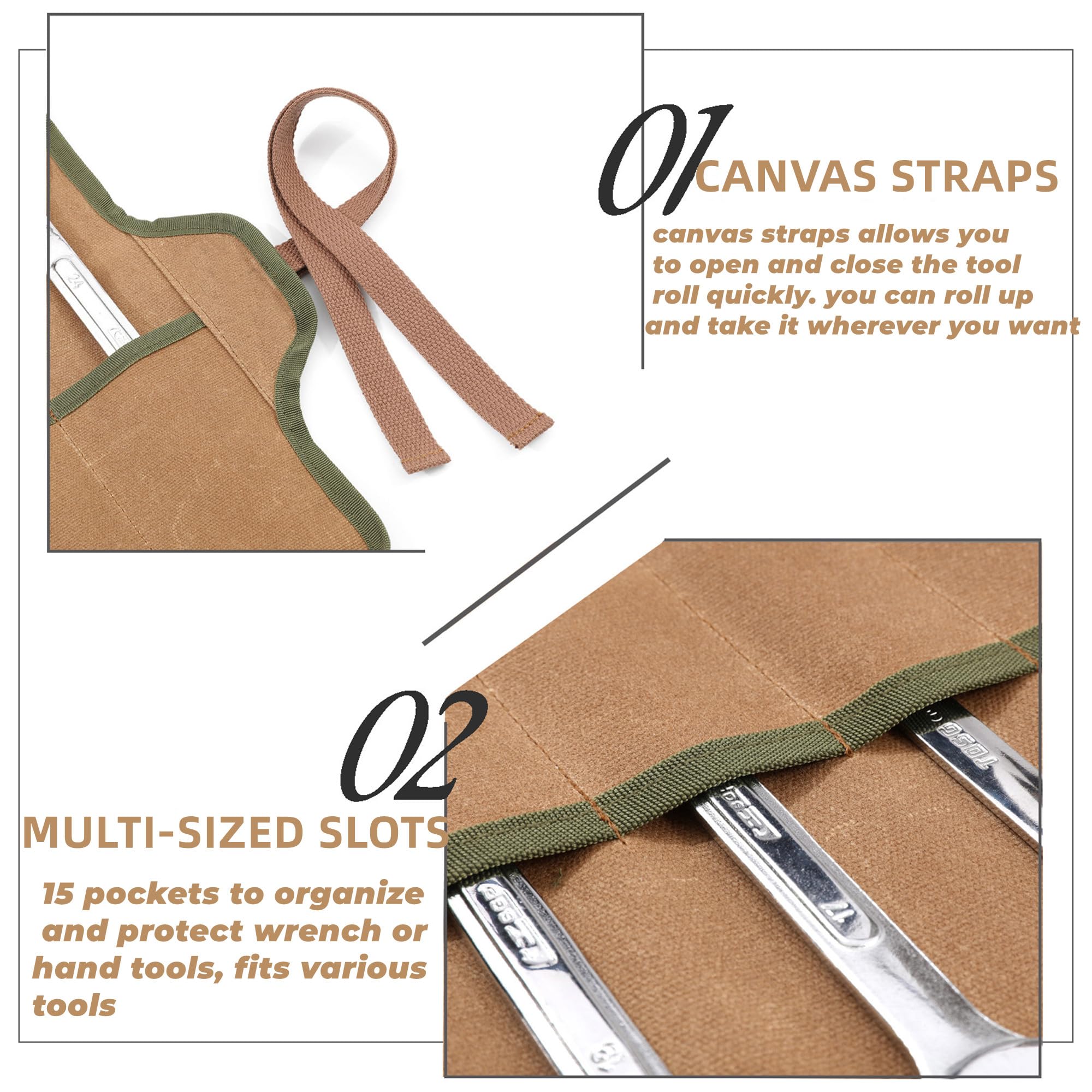 Bolsa organizadora enrollable de herramientas, resistente de 16 onzas, bolsa enrollable de lona encerada con correas, bolsa de herramientas multiusos para métrica, SAE (caqui)